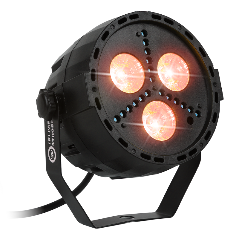 Schwarzer LED-Scheinwerfer mit drei leuchtenden orangefarbenen Lampen auf einem Montagebügel.