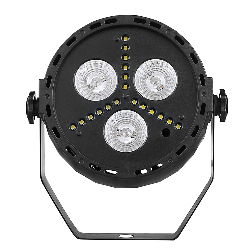 Schwarzer LED-Scheinwerfer mit drei großen Linsen und kleinen gelben LEDs in Y-Form auf einem Metallbügel.