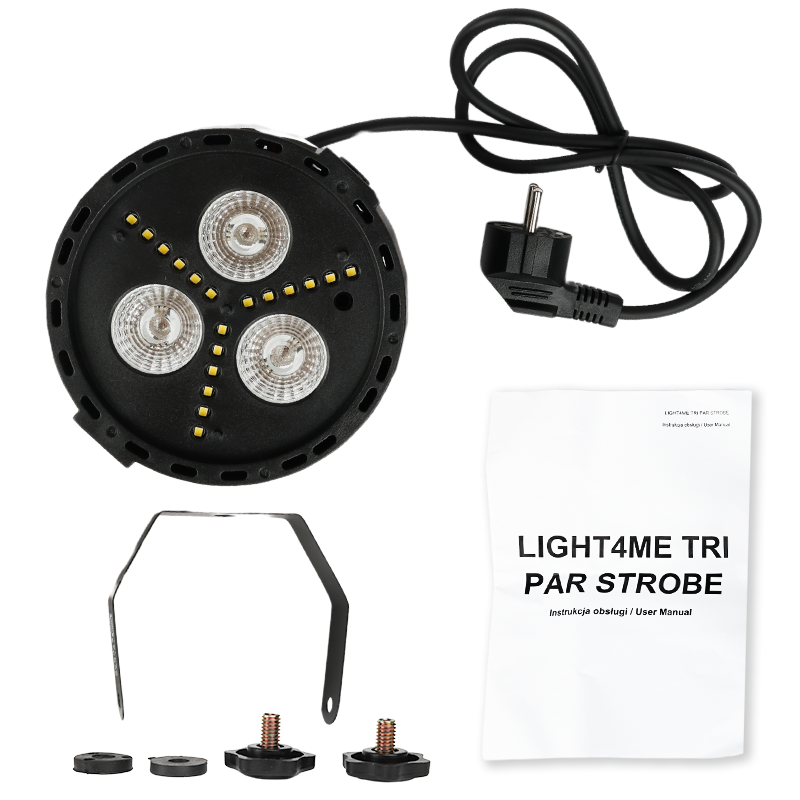 Schwarzes LED-Stroboskoplicht mit Netzkabel, Haltebügel, Schrauben und Bedienungsanleitung.