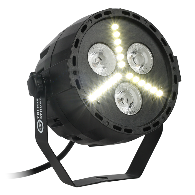 Schwarzer LED-Scheinwerfer mit drei großen Linsen und integriertem Stroboskoplicht, auf einem Metallbügel montiert.