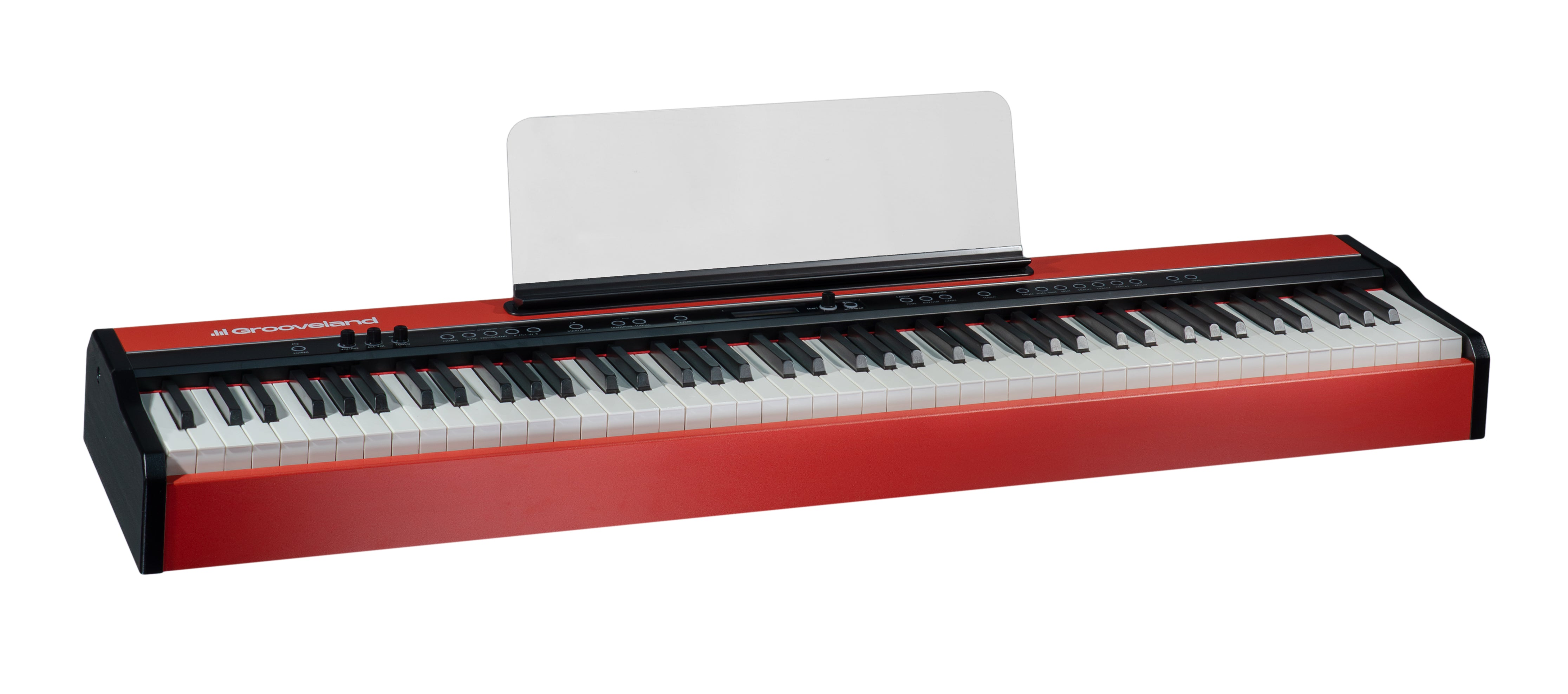 Ein rot-schwarzes E-Piano mit klarem Notenständer vor weißem Hintergrund.
