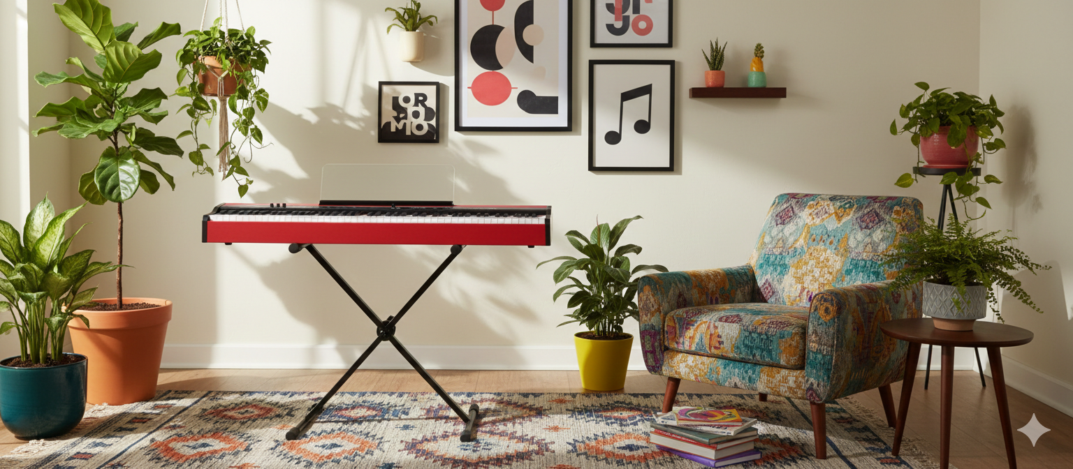Ein rotes Keyboard auf Ständern steht im Wohnzimmer neben einem gemusterten Sessel, Zimmerpflanzen und Wandkunst.