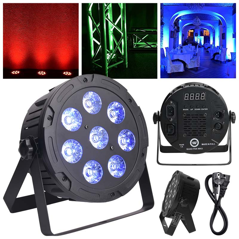 Schwarzer LED-Par-Scheinwerfer mit sieben blauen Leuchten und Montagebügel, gezeigt aus verschiedenen Blickwinkeln.