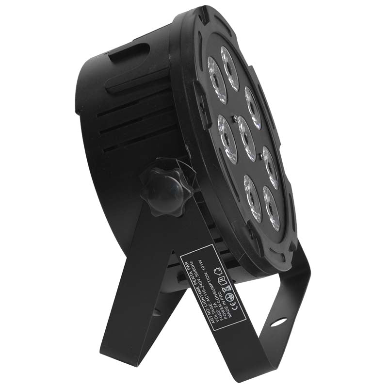 Schwarzer LED-Par-Scheinwerfer mit verstellbareem Montagebügel vor weißem Hintergrund.