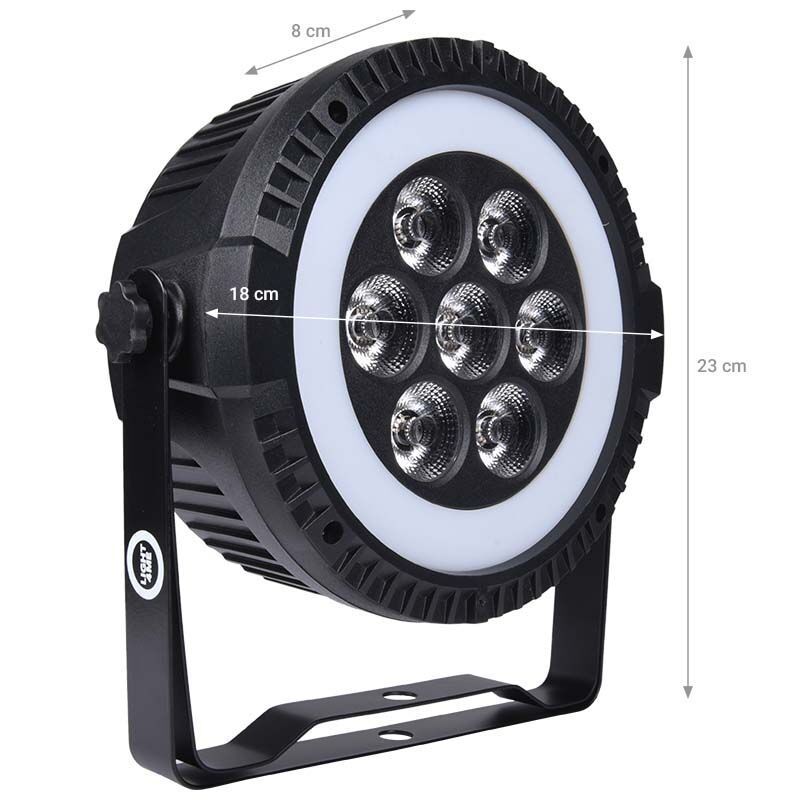 Schwarzer LED-Scheinwerfer mit 7 Linsen und weißem LED-Ring, inklusive Maßangaben in Zentimetern.