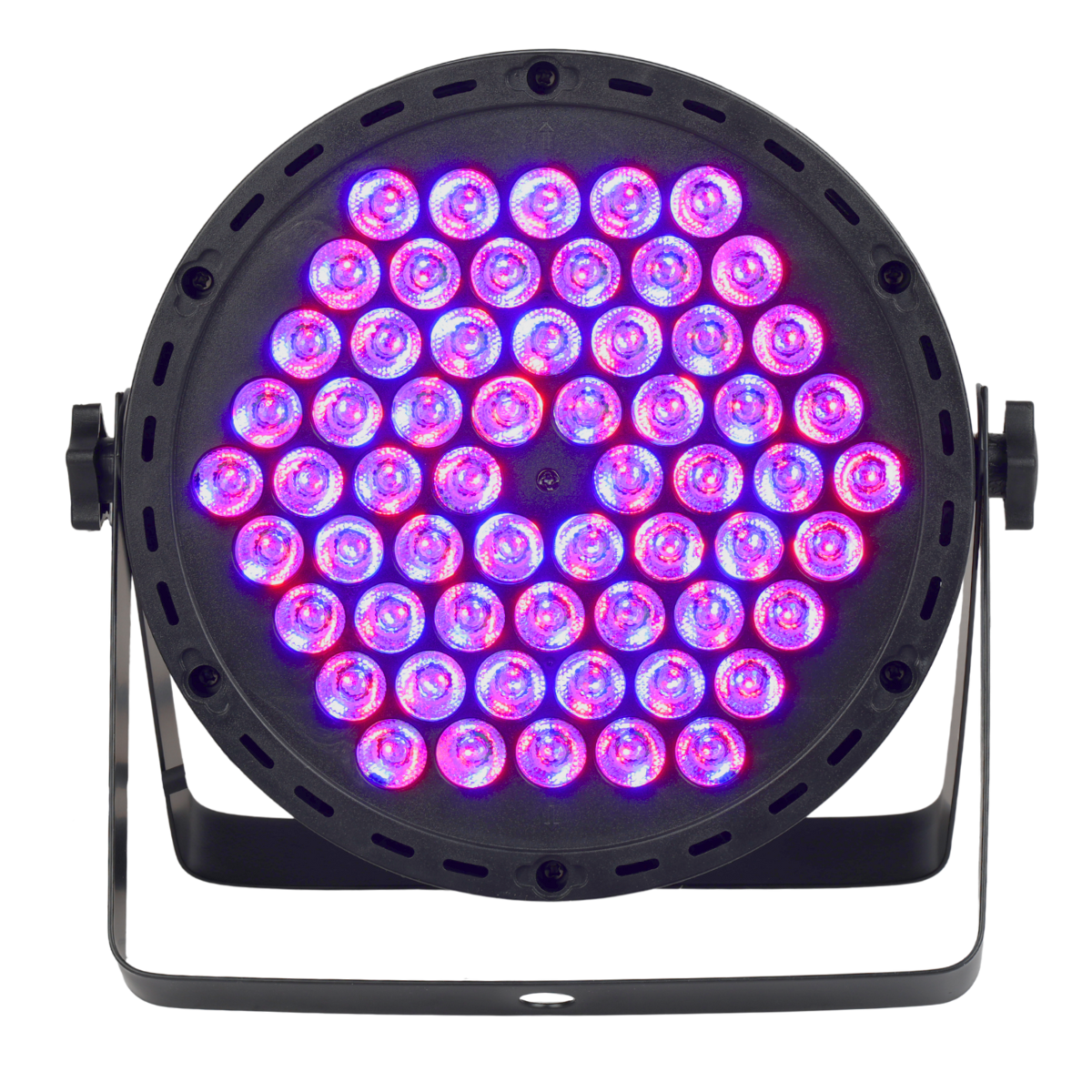 Ein schwarzer, runder Bühnenscheinwerfer mit vielen leuchtend violetten und blauen LEDs auf einer Metallhalterung.