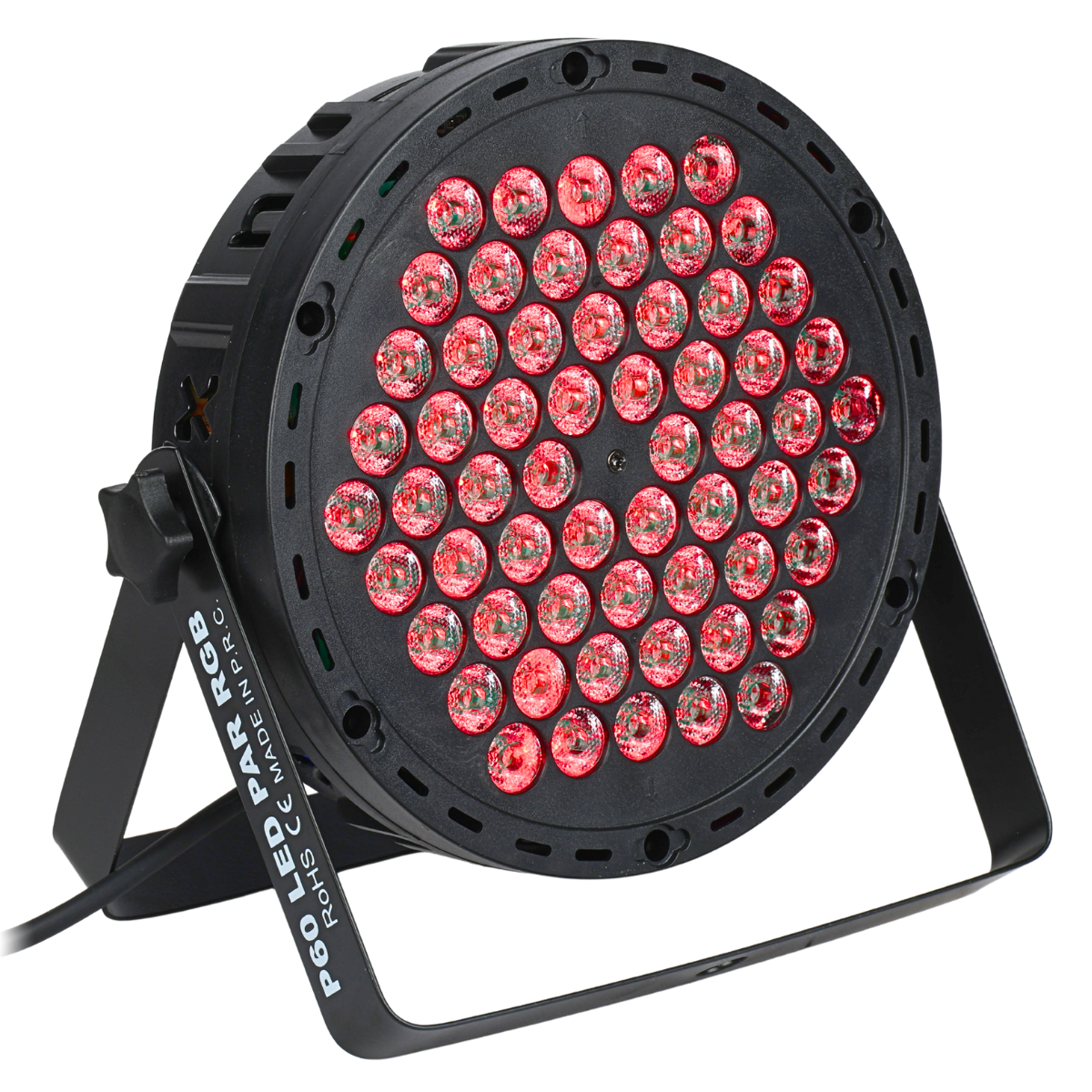 Ein schwarzer, runder P60 LED PAR RGB-Bühnenscheinwerfer mit Montagebügel auf weißem Hintergrund.
