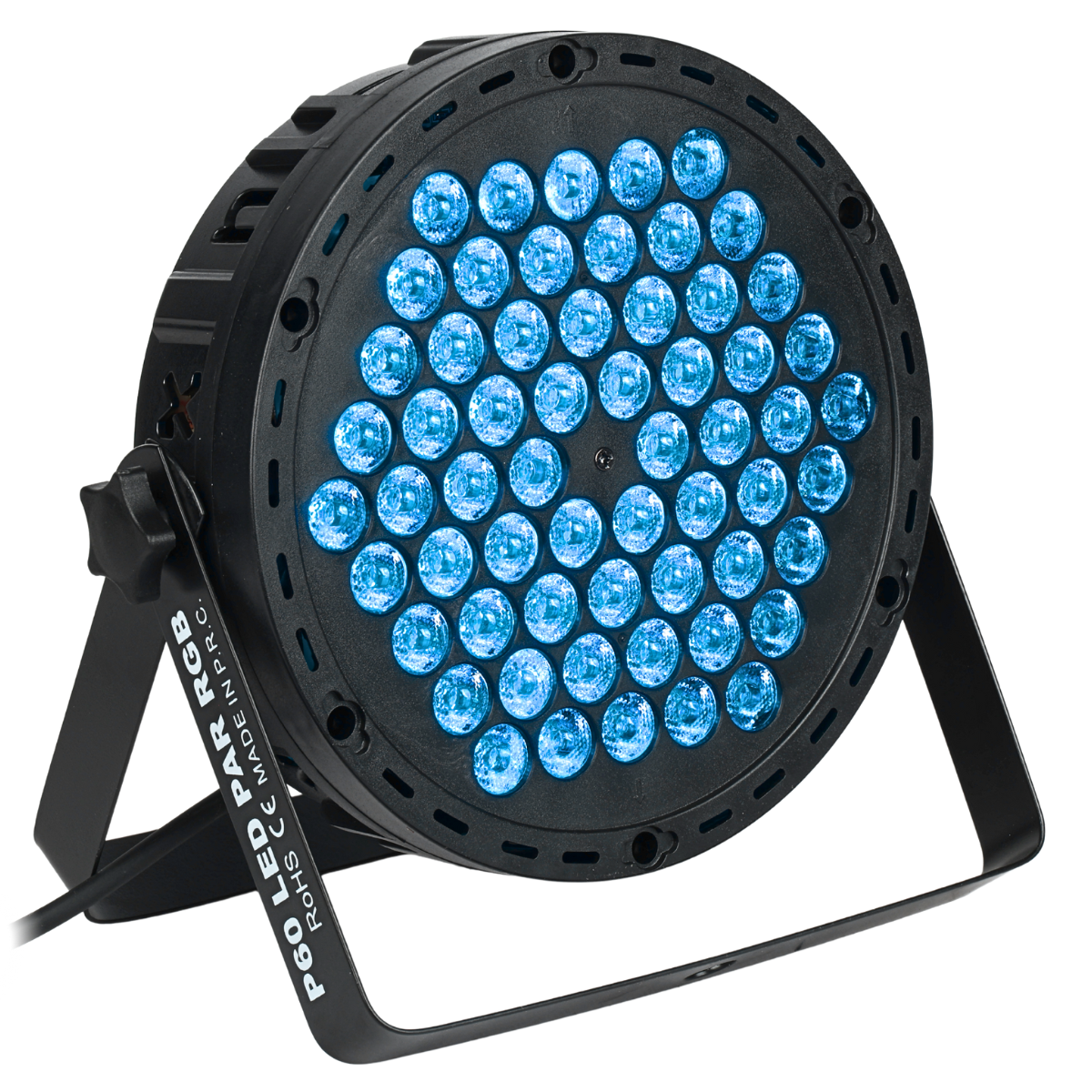 Ein schwarzer LED-Par-Scheinwerfer mit leuchtend blauen Linsen und einem Metallstandfuß vor weißem Hintergrund.