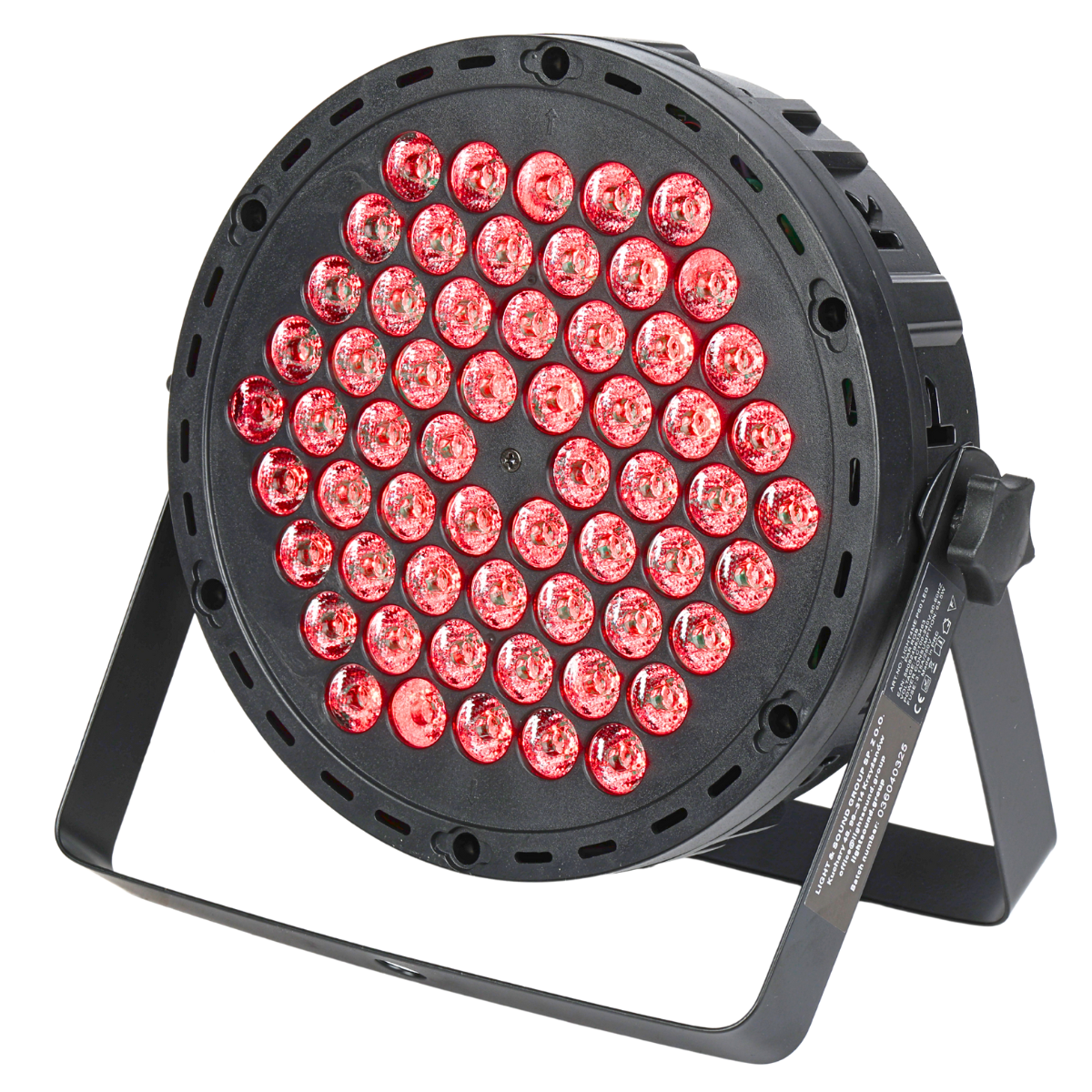 Ein schwarzer LED-Strahler mit rotem Licht auf einem Metallständer.
