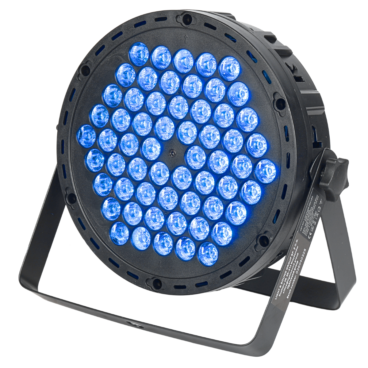 Ein runder, schwarzer LED-Strahler mit einem Ständer und vielen blau leuchtenden Lichtdioden.