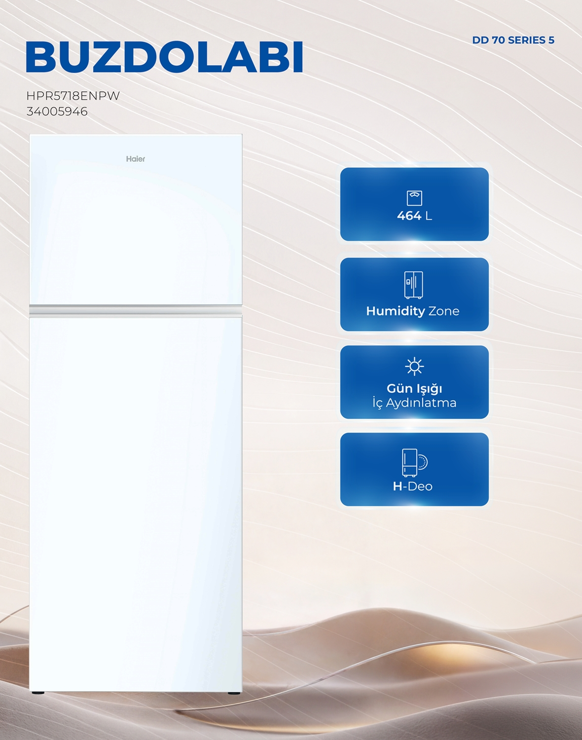 Weißer Haier Kühlschrank mit Funktionssymbolen auf welligem Hintergrund.