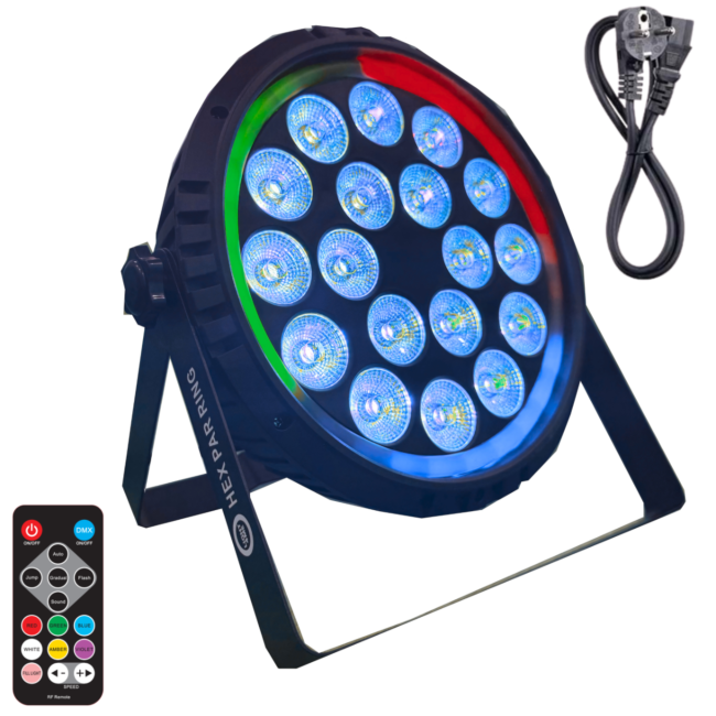 Schwarze LED-Bühnenbeleuchtung mit blau leuchtenden Linsen, einem Netzkabel und einer Fernbedienung.