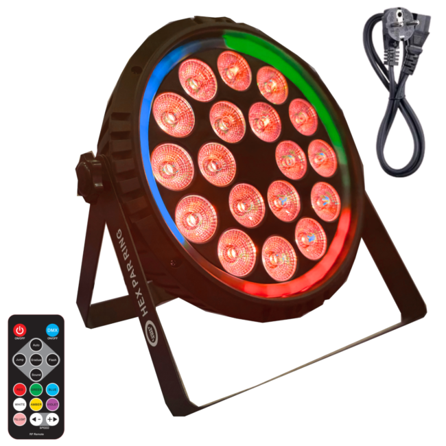Schwarzer LED-Par-Scheinwerfer mit LED-Ring, Fernbedienung und Netzkabel auf weißem Hintergrund.