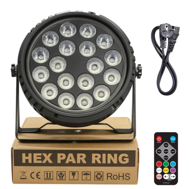 Hex Par Ring LED-Bühnenlicht auf Karton, mit schwarzem Netzkabel und Fernbedienung auf weißem Hintergrund.
