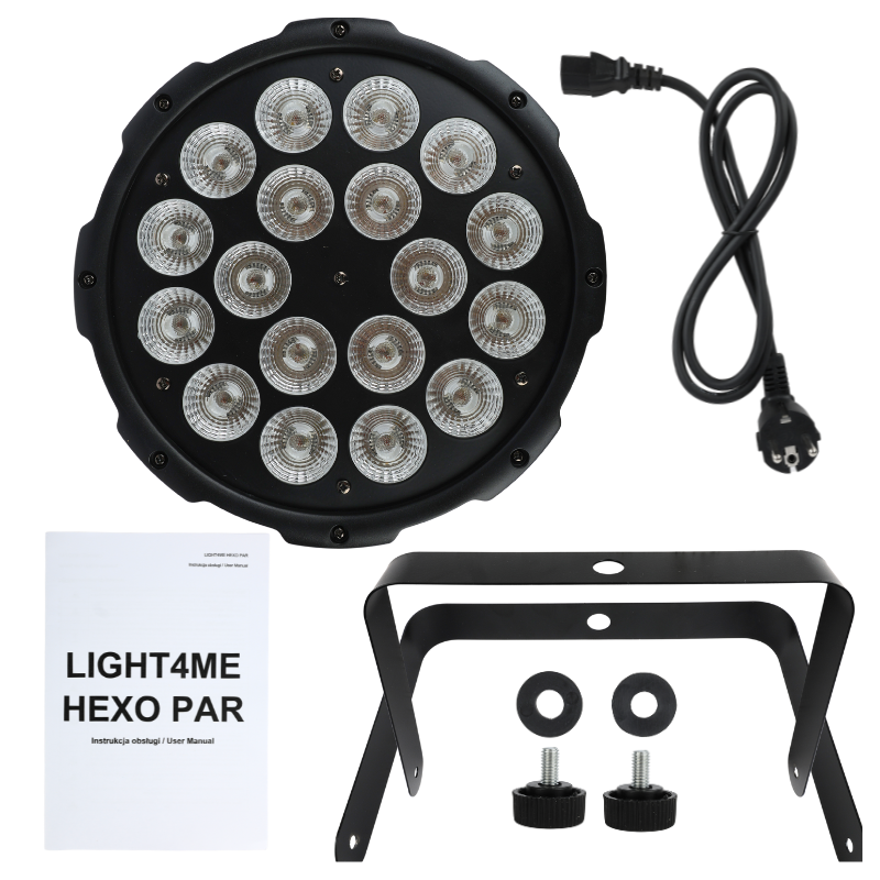 Schwarzer LED-Scheinwerfer mit Netzkabel, Halterung, Schrauben und Handbuch auf weißem Hintergrund.