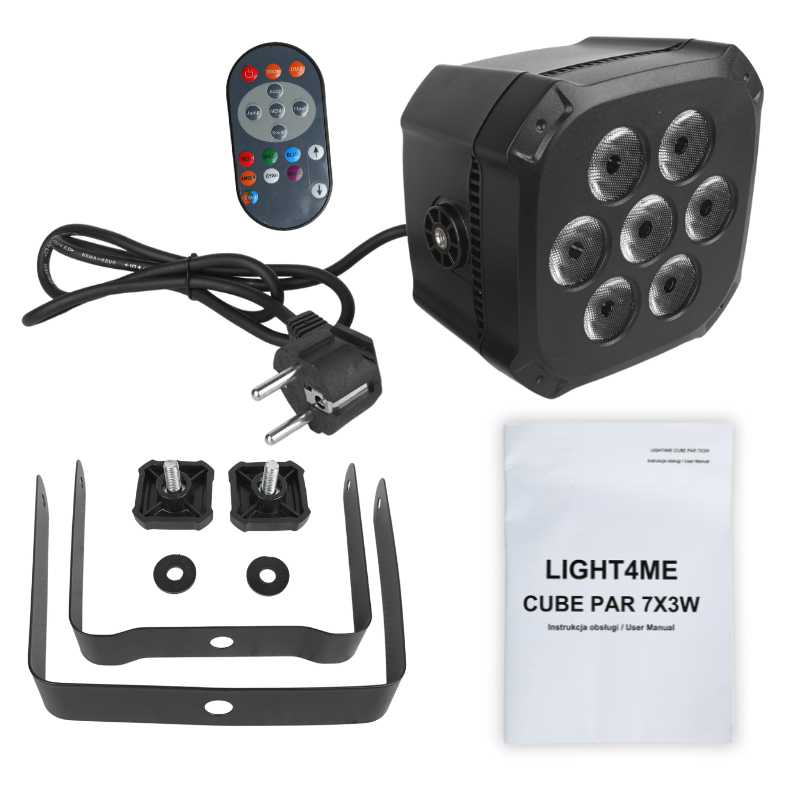 Ein schwarzer LED-Scheinwerfer mit Fernbedienung, Netzkabel, Halterungen und Bedienungsanleitung.