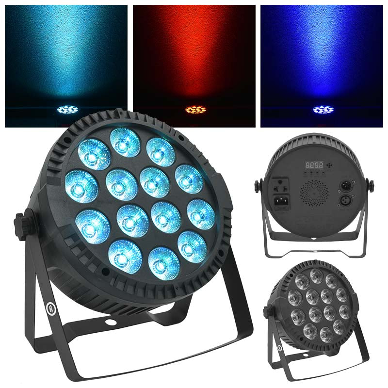 Bühnenlicht mit LEDs in einem schwarzen Gehäuse, mit Ansichten der Rückseite und leuchtenden Farben.
