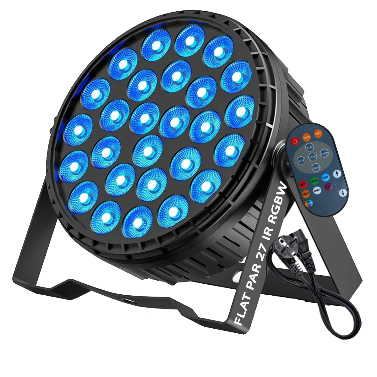 Ein schwarzer Flach-Par-Scheinwerfer mit 27 blauen LED-Lampen, Ständer, Netzkabel und Fernbedienung.