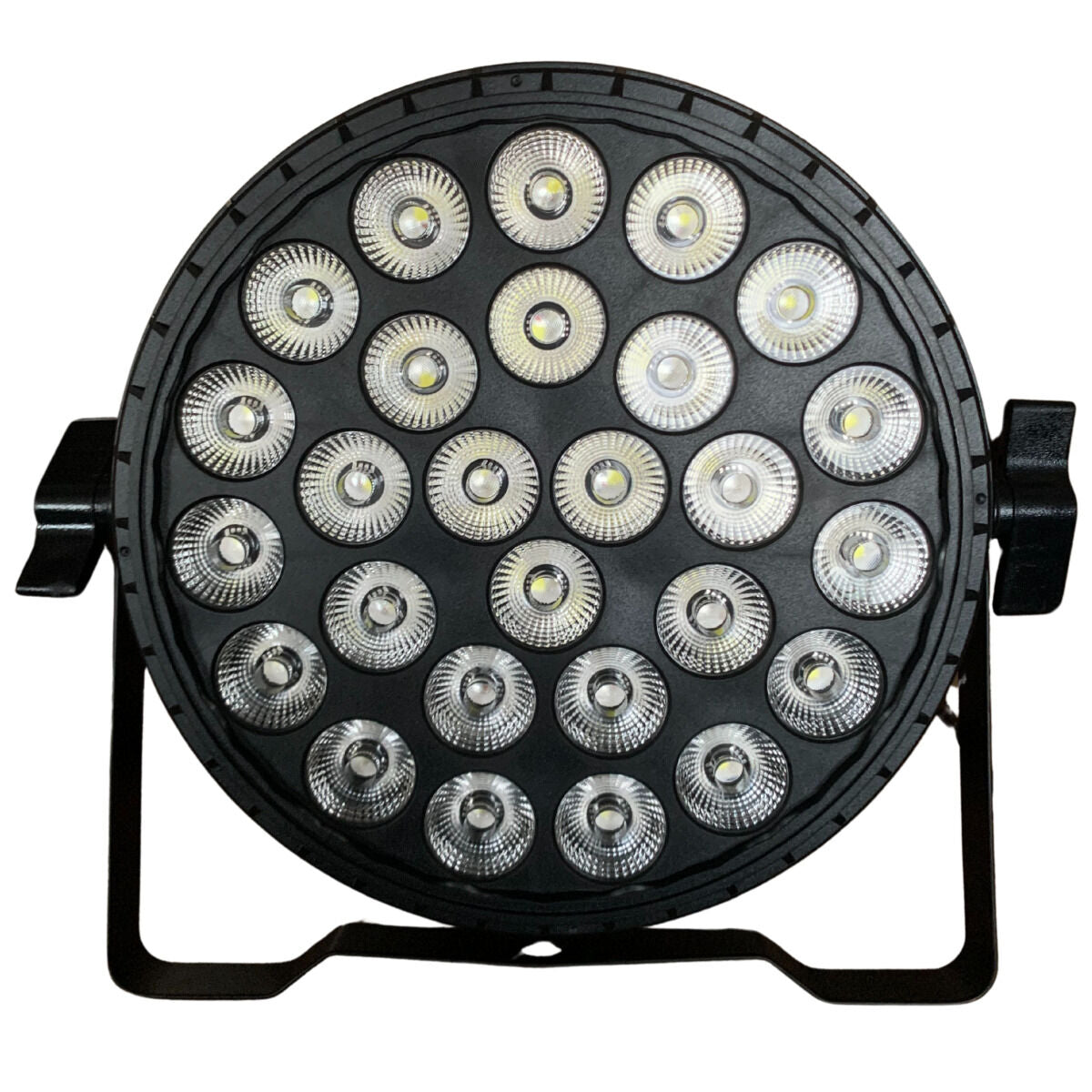 Ein schwarzer runder LED-Strahler mit vielen runden Leuchtdioden und einem Haltebügel.
