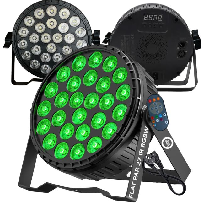 Drei Ansichten einer runden schwarzen LED-Bühnenbeleuchtung mit mehreren Linsen, Vorder-, Rückseite und grünem Licht.