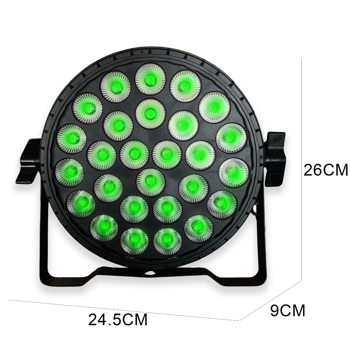 Runder schwarzer Bühnenscheinwerfer mit leuchtend grünen LEDs, Maße 24,5cm Breite, 26cm Höhe und 9cm Tiefe.