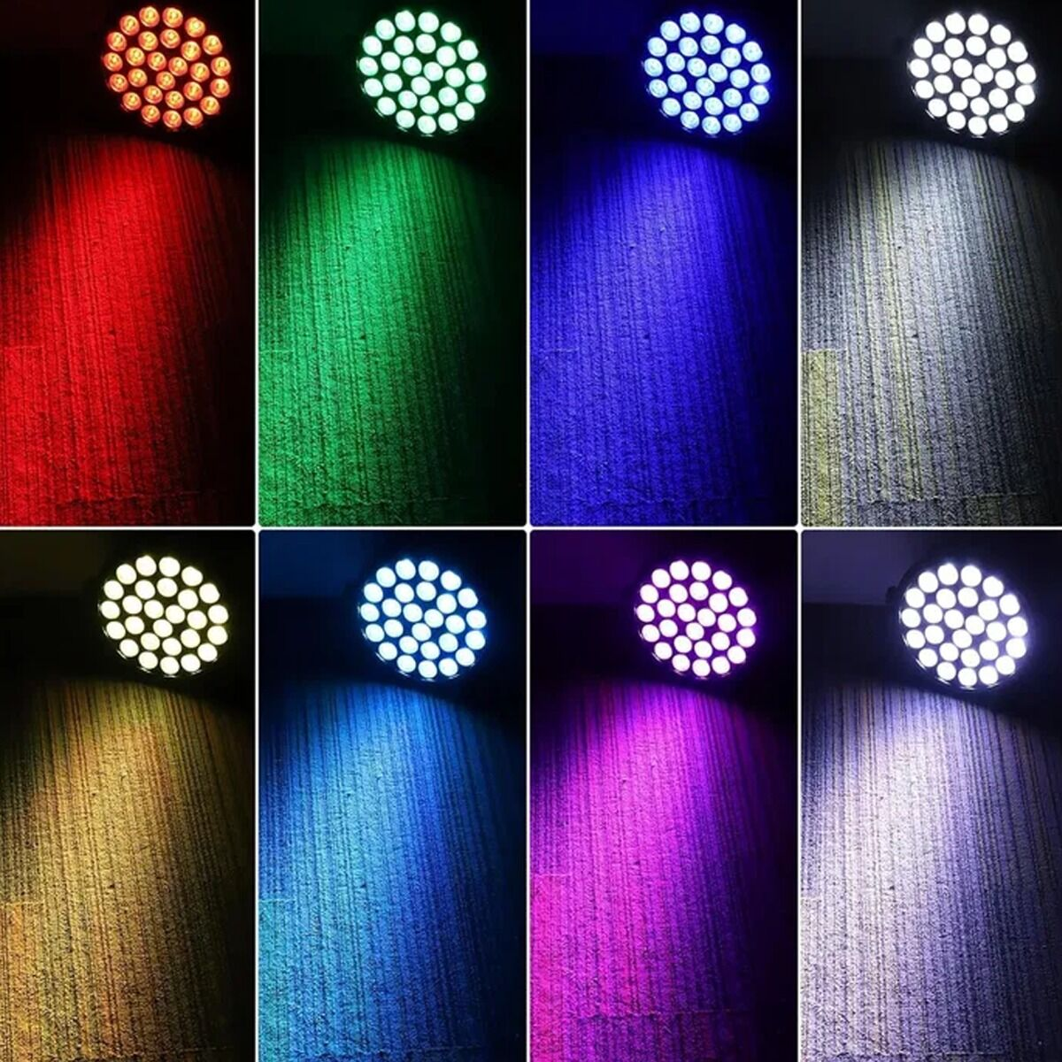 Acht Panels zeigen kreisrund angeordnete LEDs, die Wände in verschiedenen bunten Farben beleuchten.