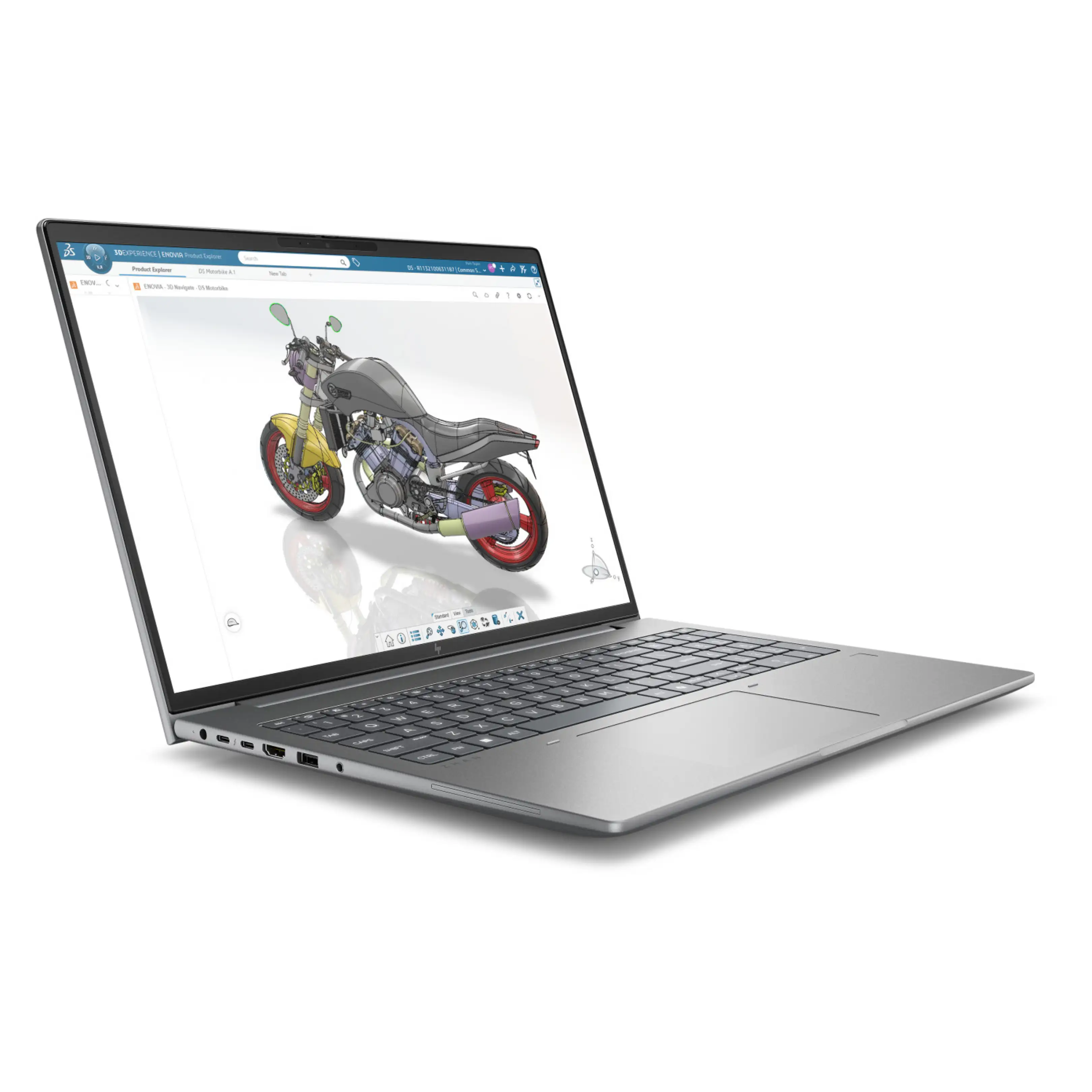 Un computer portatile argentato mostra sullo schermo un modello 3D dettagliato di una motocicletta.