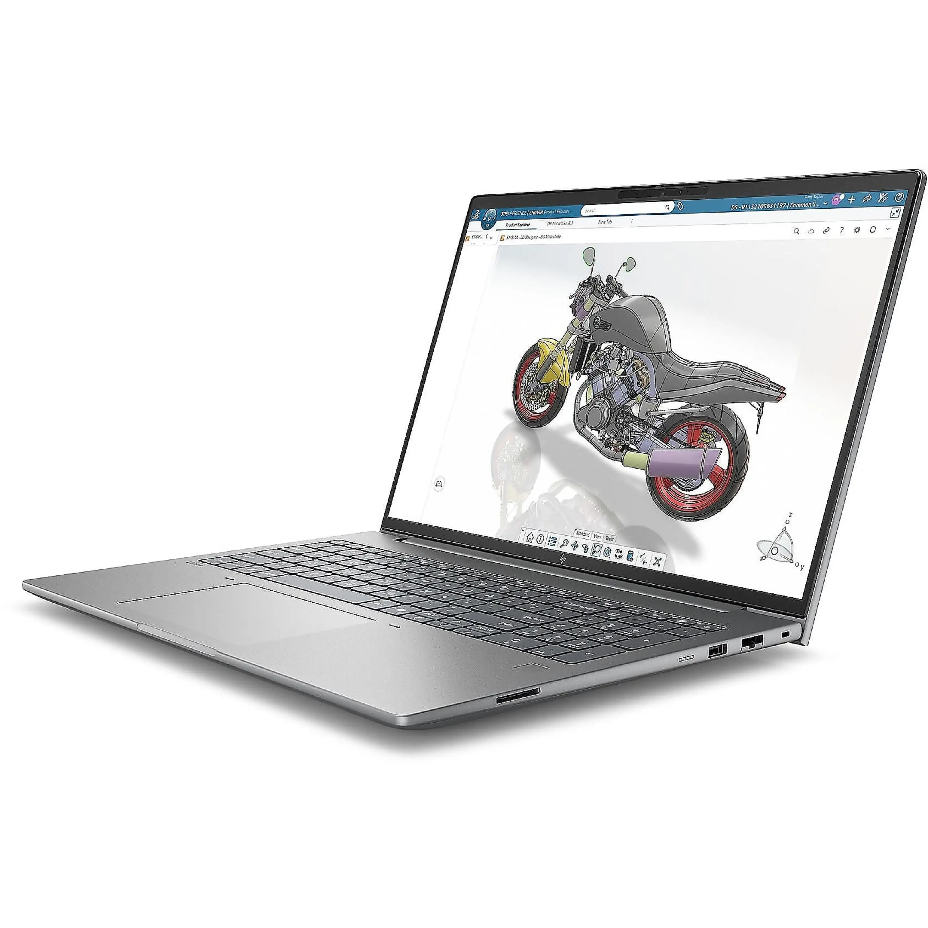 Un computer portatile argentato mostra un modello CAD di una motocicletta sullo schermo.