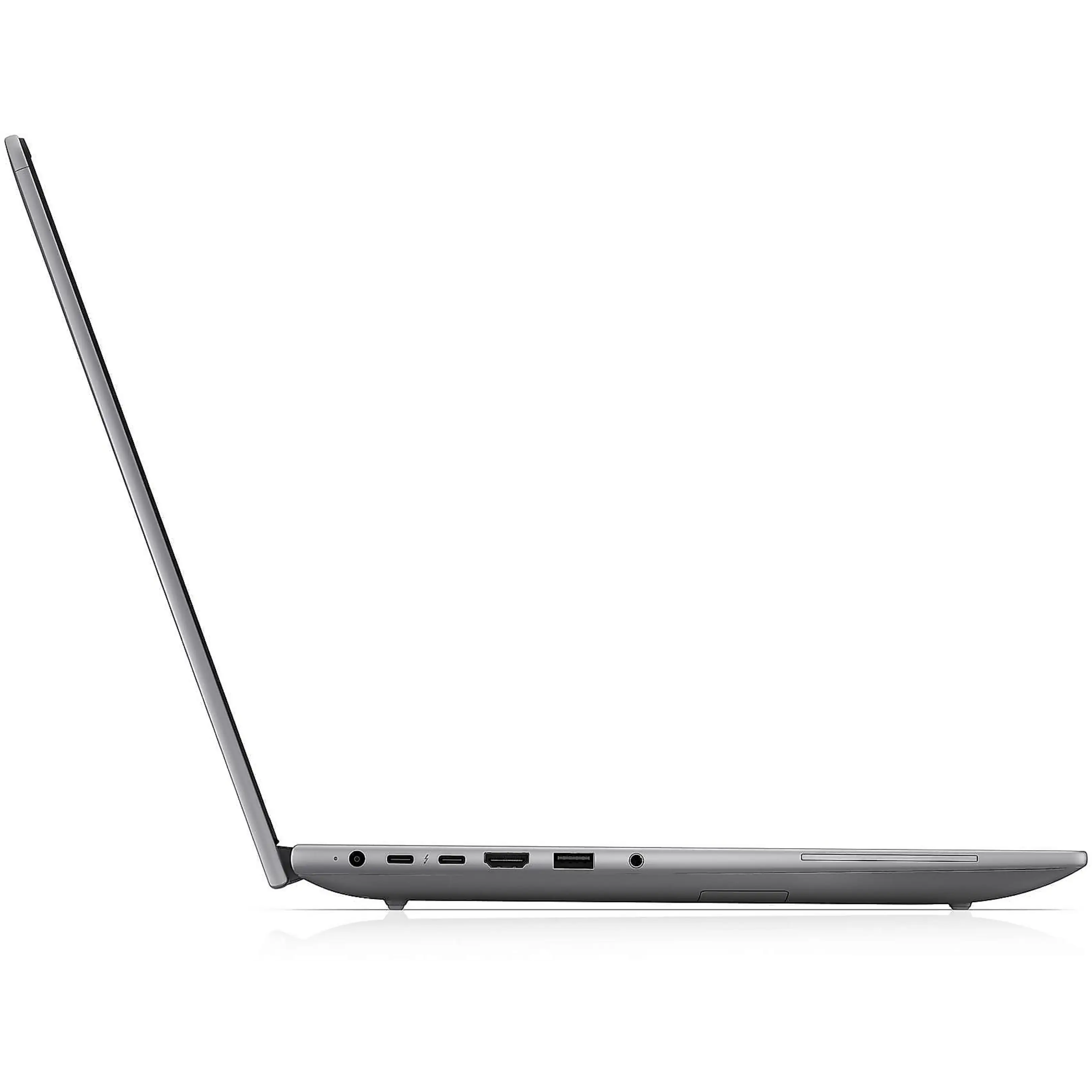 Vista laterale di un sottile laptop grigio che mostra varie porte sul lato destro.