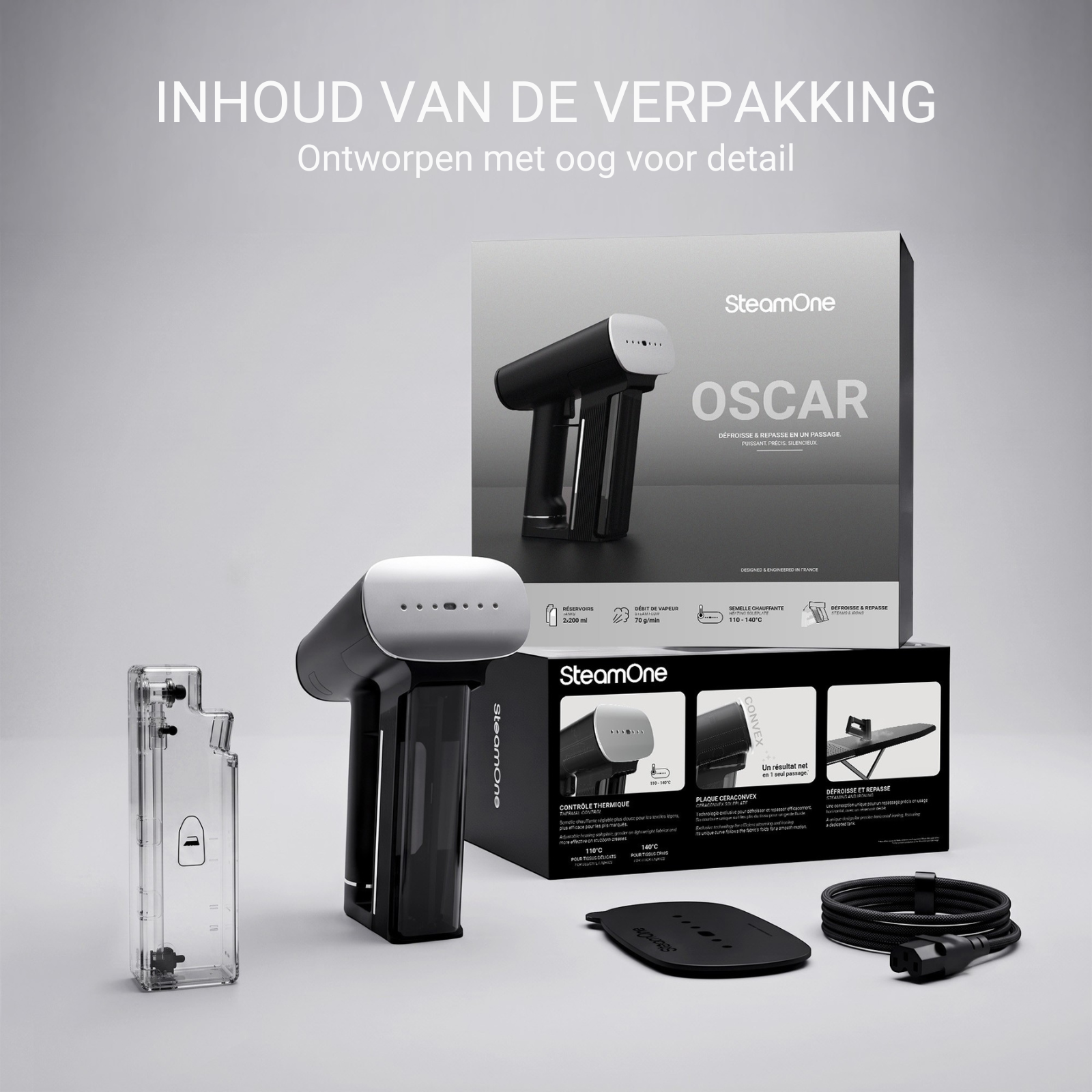 Défroisseur vapeur SteamOne Oscar avec accessoires et emballage sur fond gris.