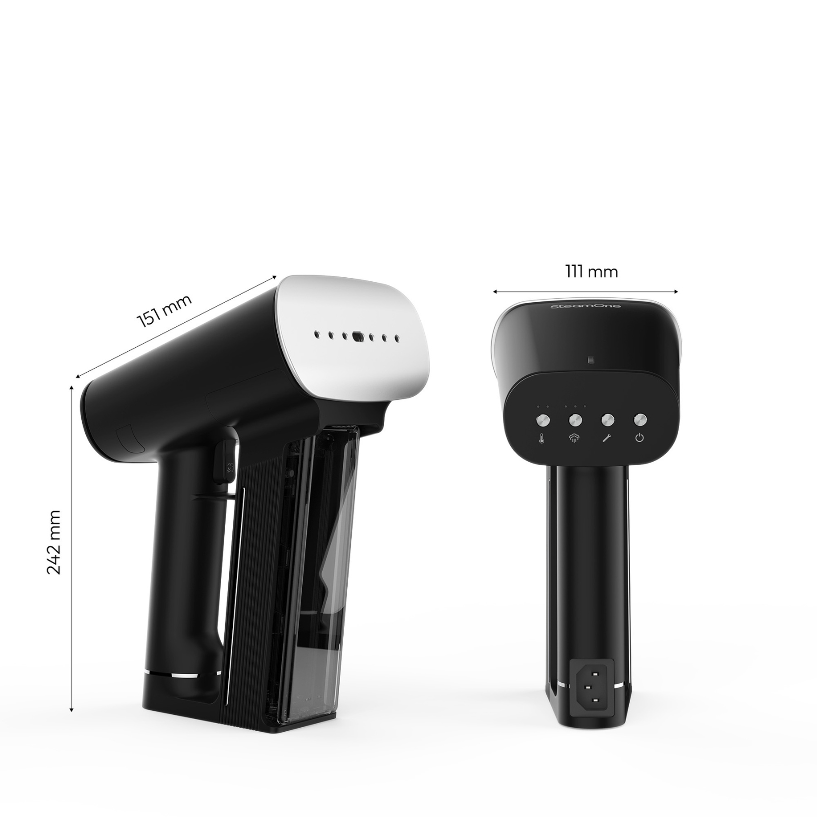 Défroisseur vapeur à main noir avec tête en acier inoxydable et dimensions.