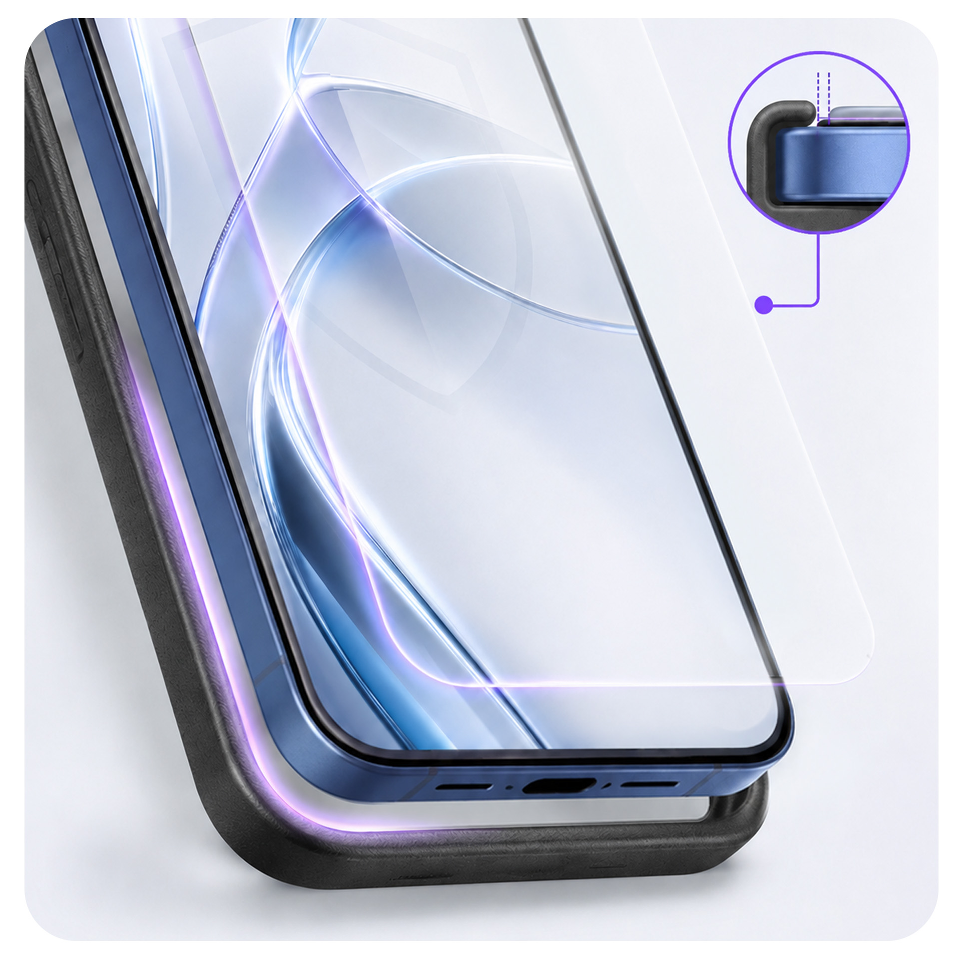 Smartfon ze szkłem ochronnym i etui, zbliżenie podkreślające precyzyjne dopasowanie.