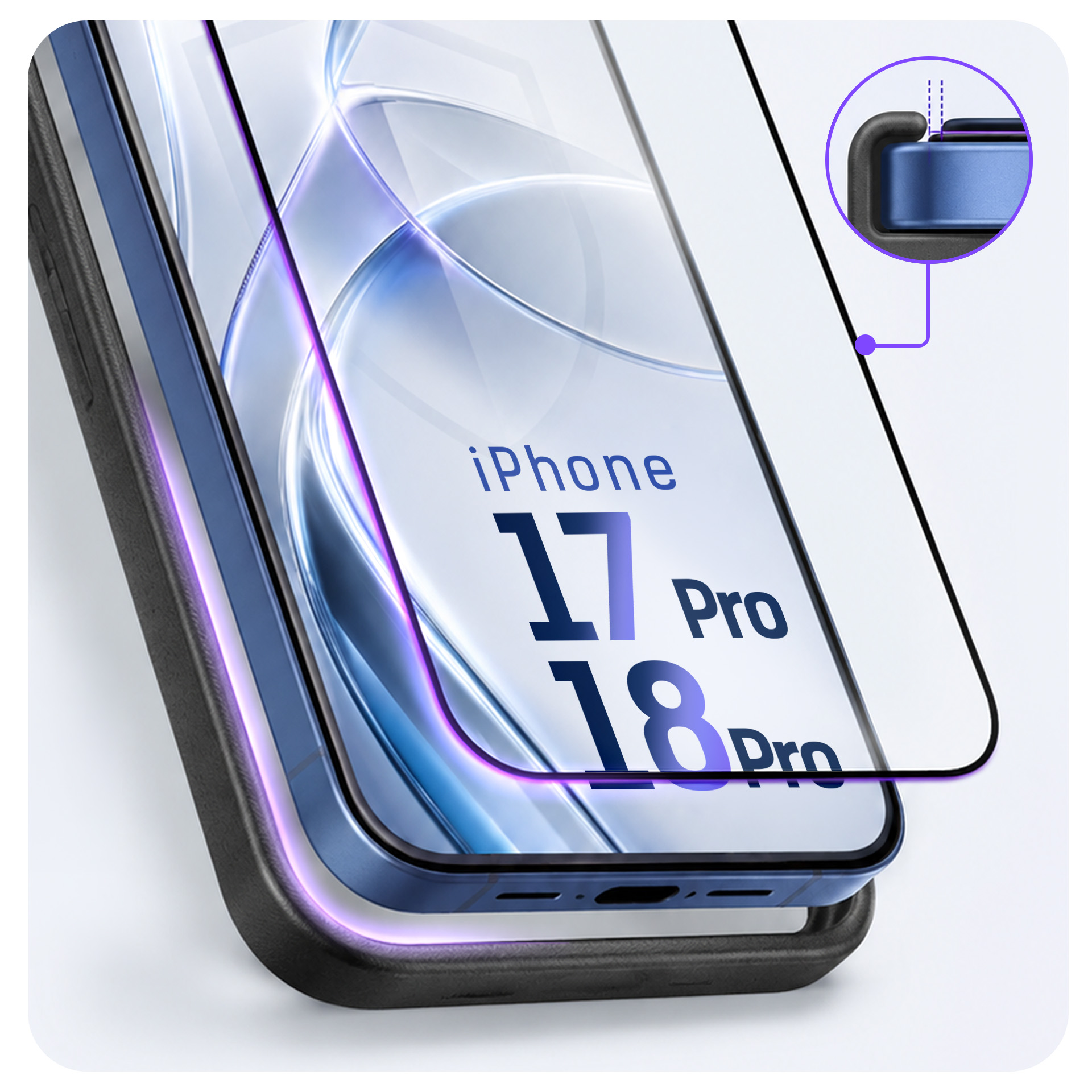 Smartfon w etui ze szklaną folią ochronną, pokazujący zbliżenie krawędzi.