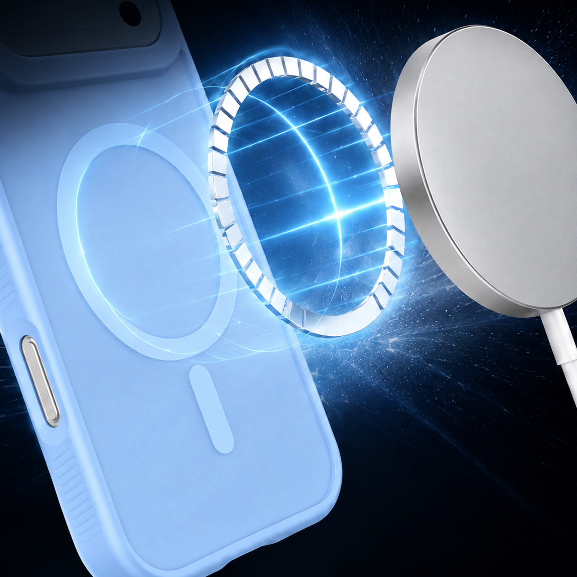 Niebieskie etui na telefon pokazuje pierścienie magnetyczne, gdy ładowarka bezprzewodowa się dopasowuje.