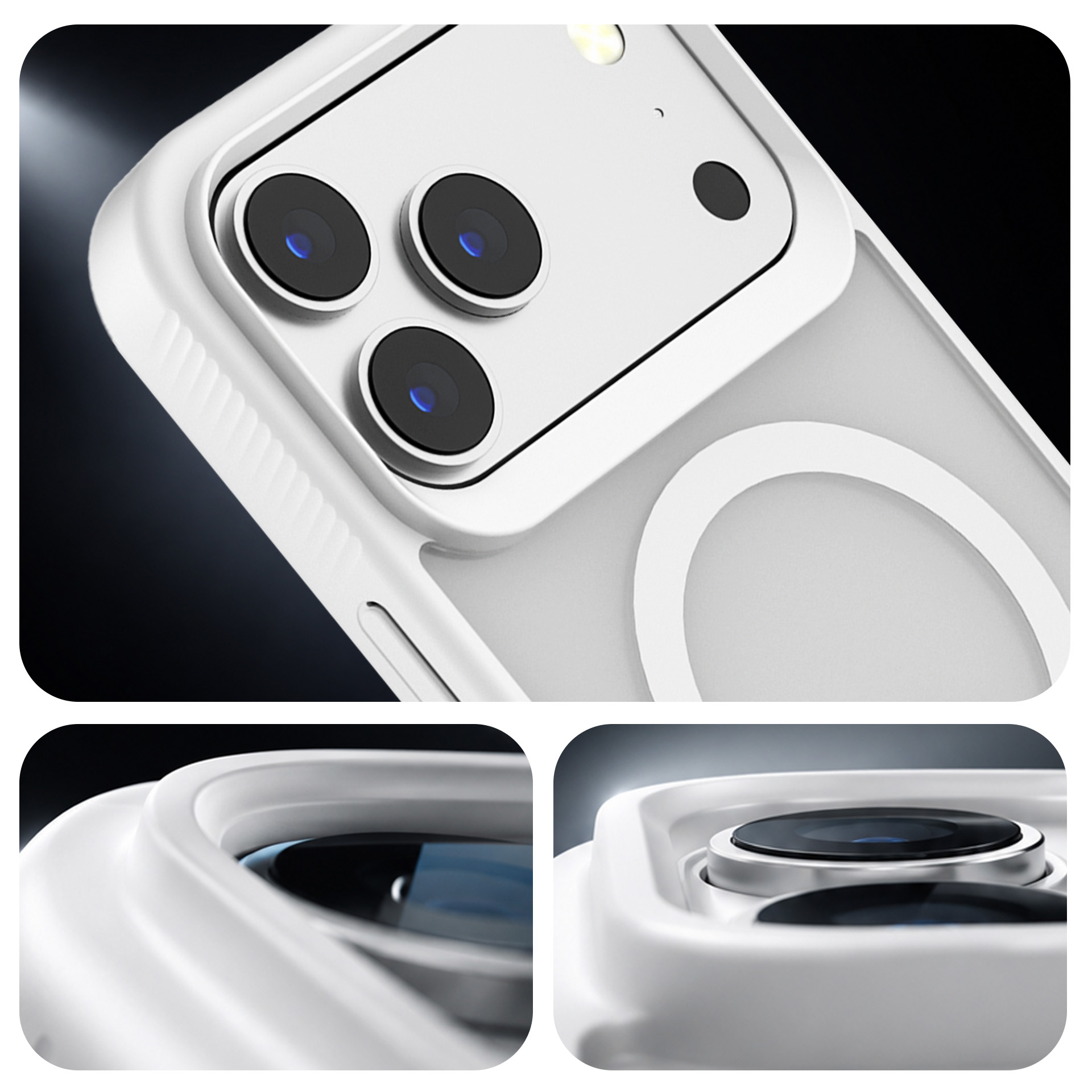 Białe etui na smartfon z potrójnym aparatem i pierscieniem MagSafe pod różnymi kątami.