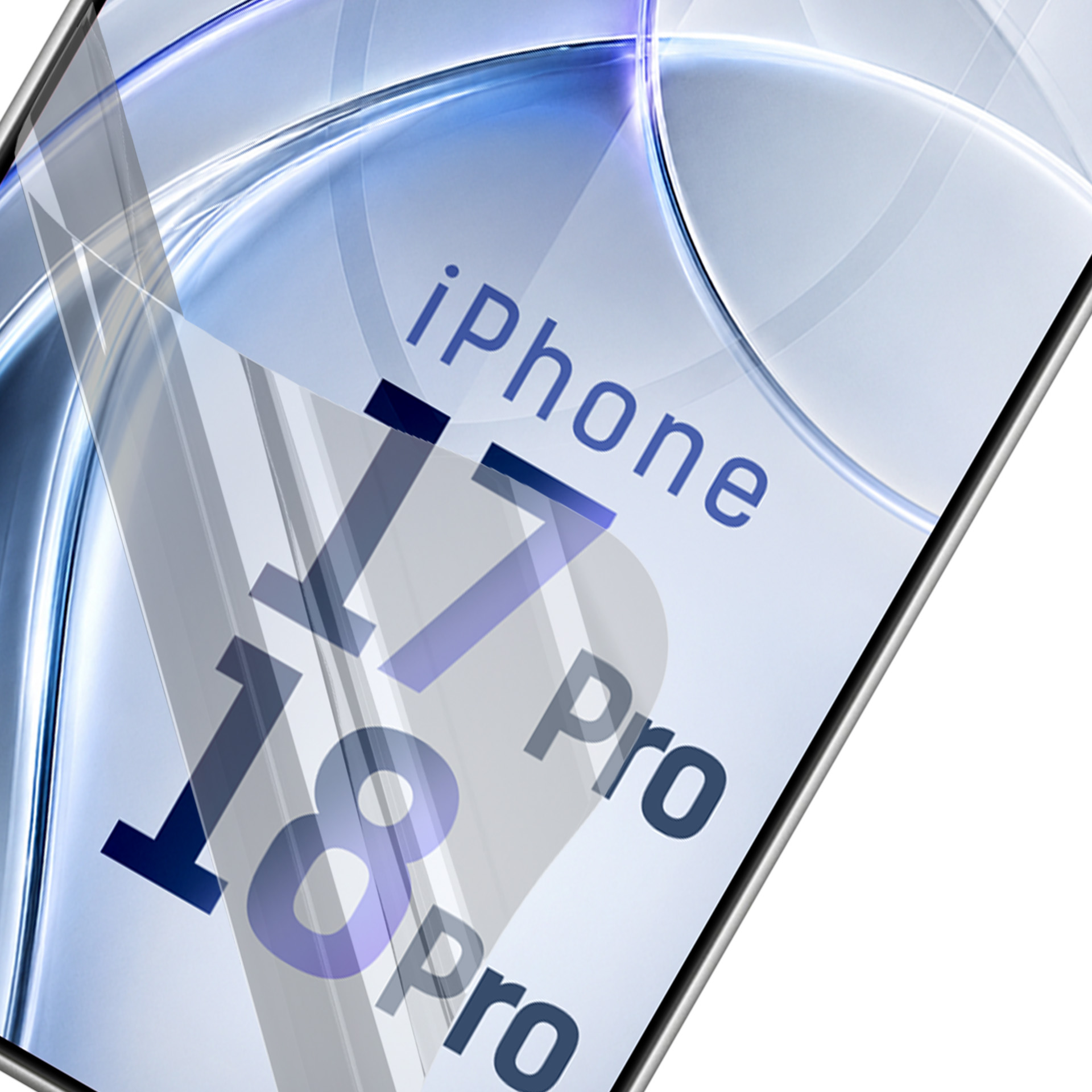 Protector de pantalla brillante con texto iPhone 17 Pro y 18 Pro sobre fondo azul y blanco.