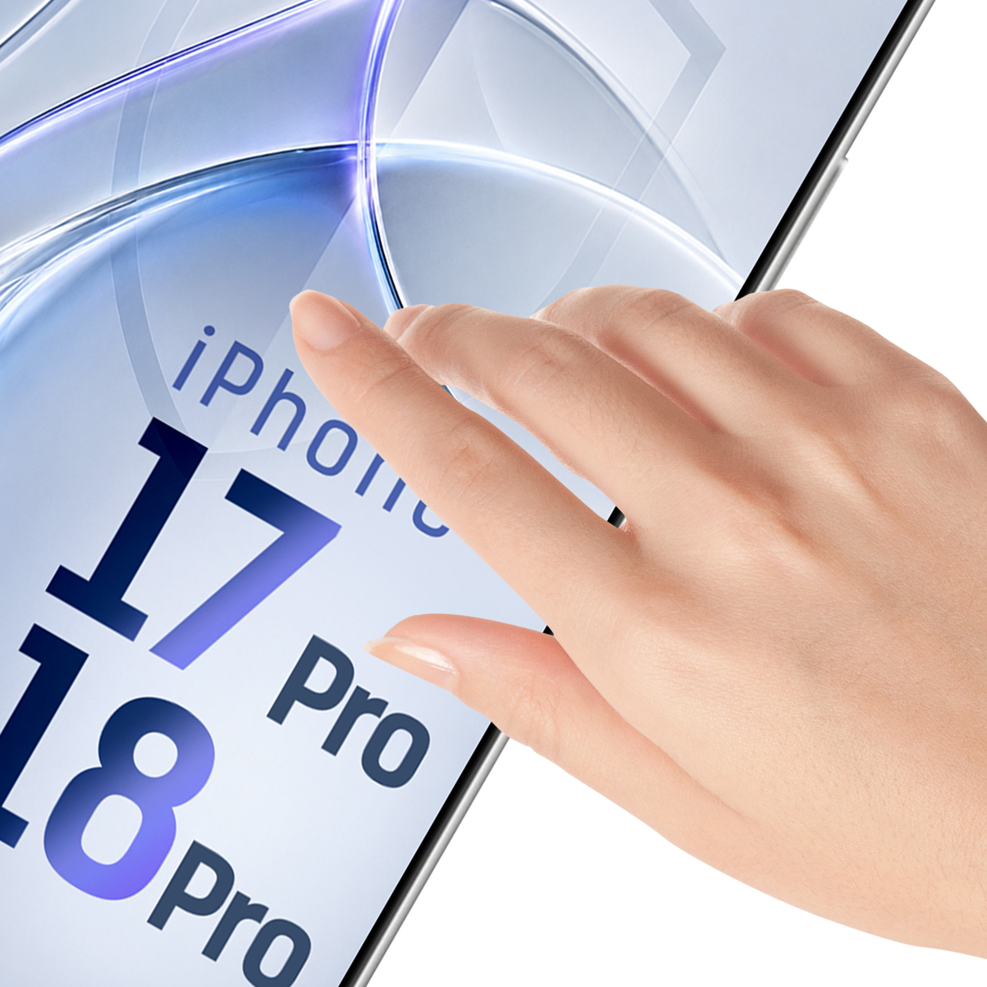 Una mano toca la pantalla de un teléfono inteligente con el texto iPhone 17 Pro y 18 Pro.