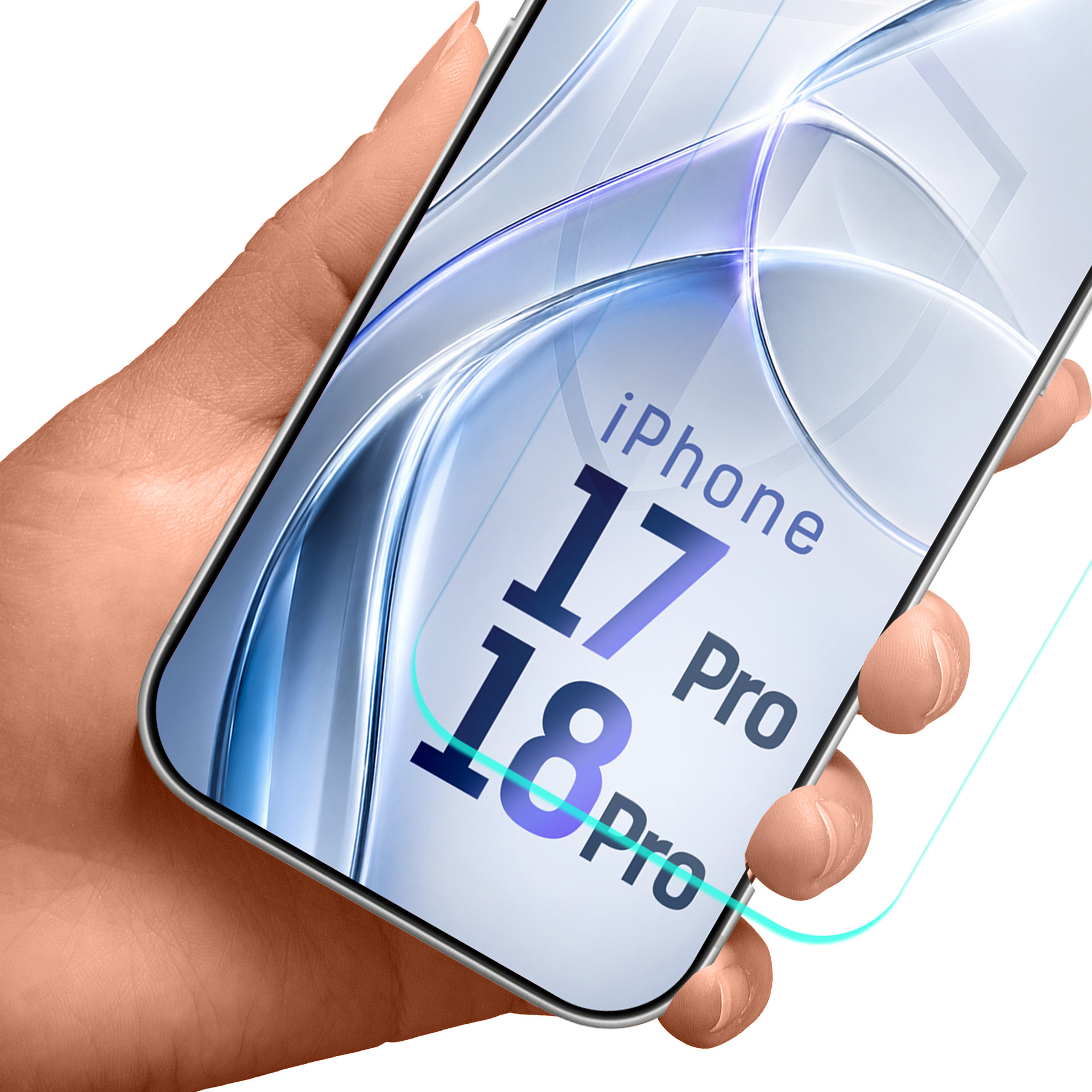 Una mano sostiene un teléfono inteligente con el texto iPhone 17 Pro y 18 Pro en la pantalla.