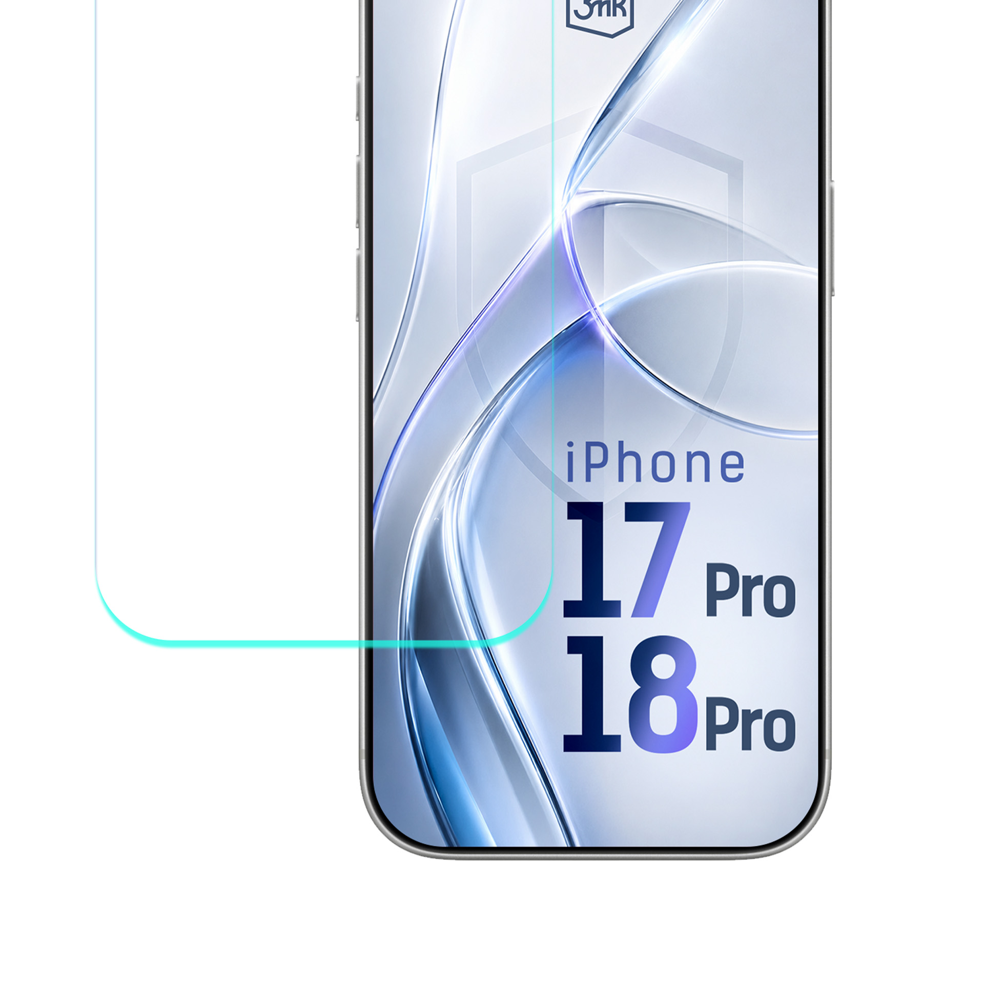 Protector de pantalla de vidrio en un teléfono con texto iPhone 17 Pro 18 Pro.