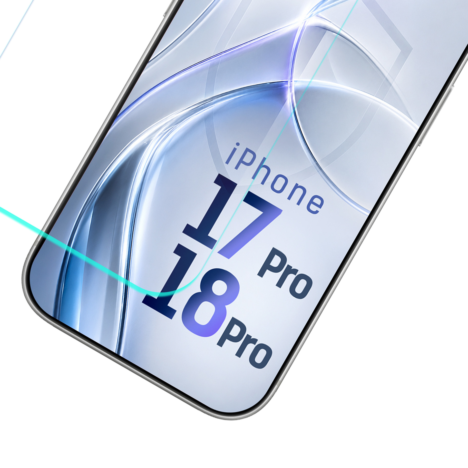 Pantalla de smartphone con el texto iPhone 17 Pro y 18 Pro sobre fondo azul y blanco con líneas curvas.