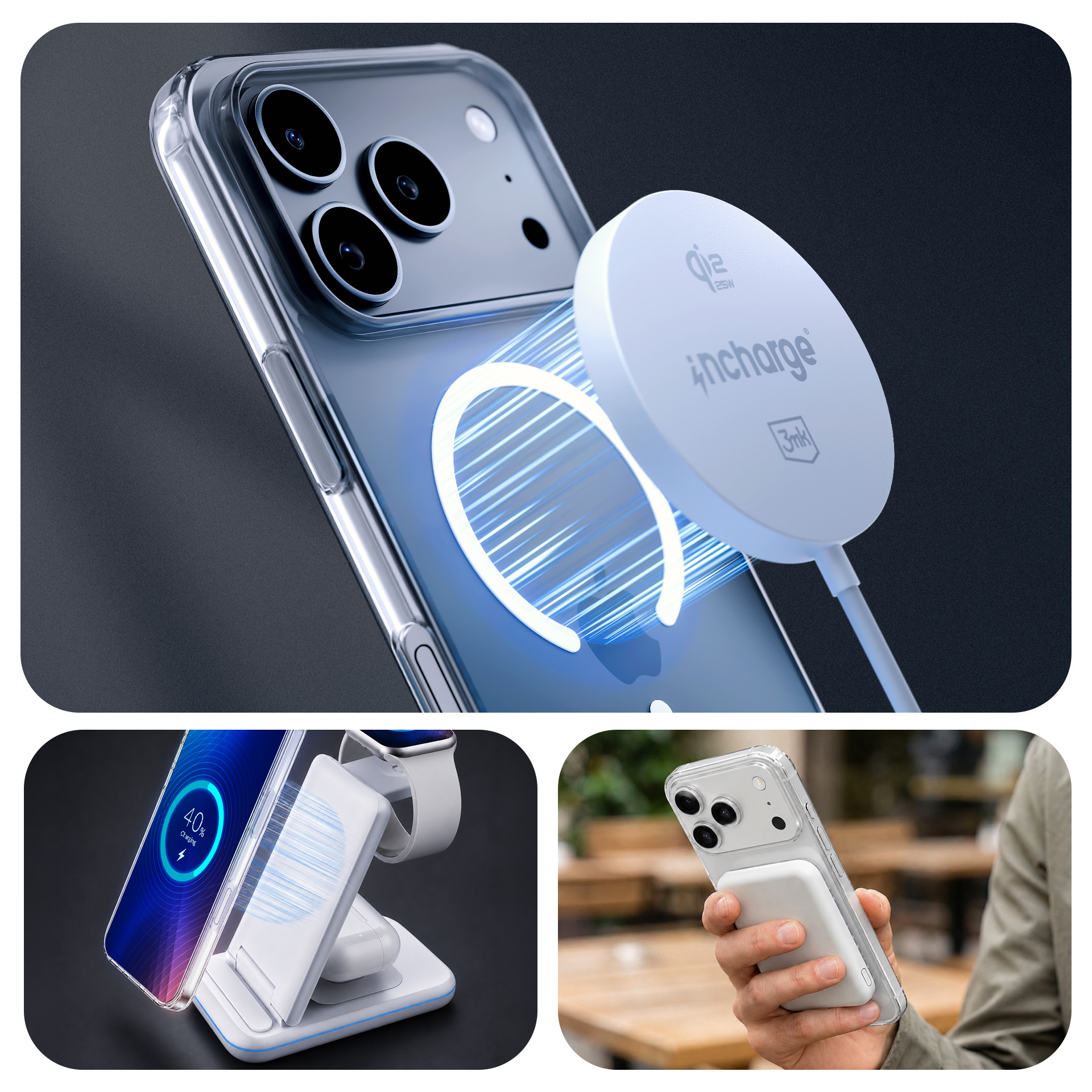Smartfon jest ładowany bezprzewodowo za pomocą okrągłej ładowarki przymocowanej magnetycznie.