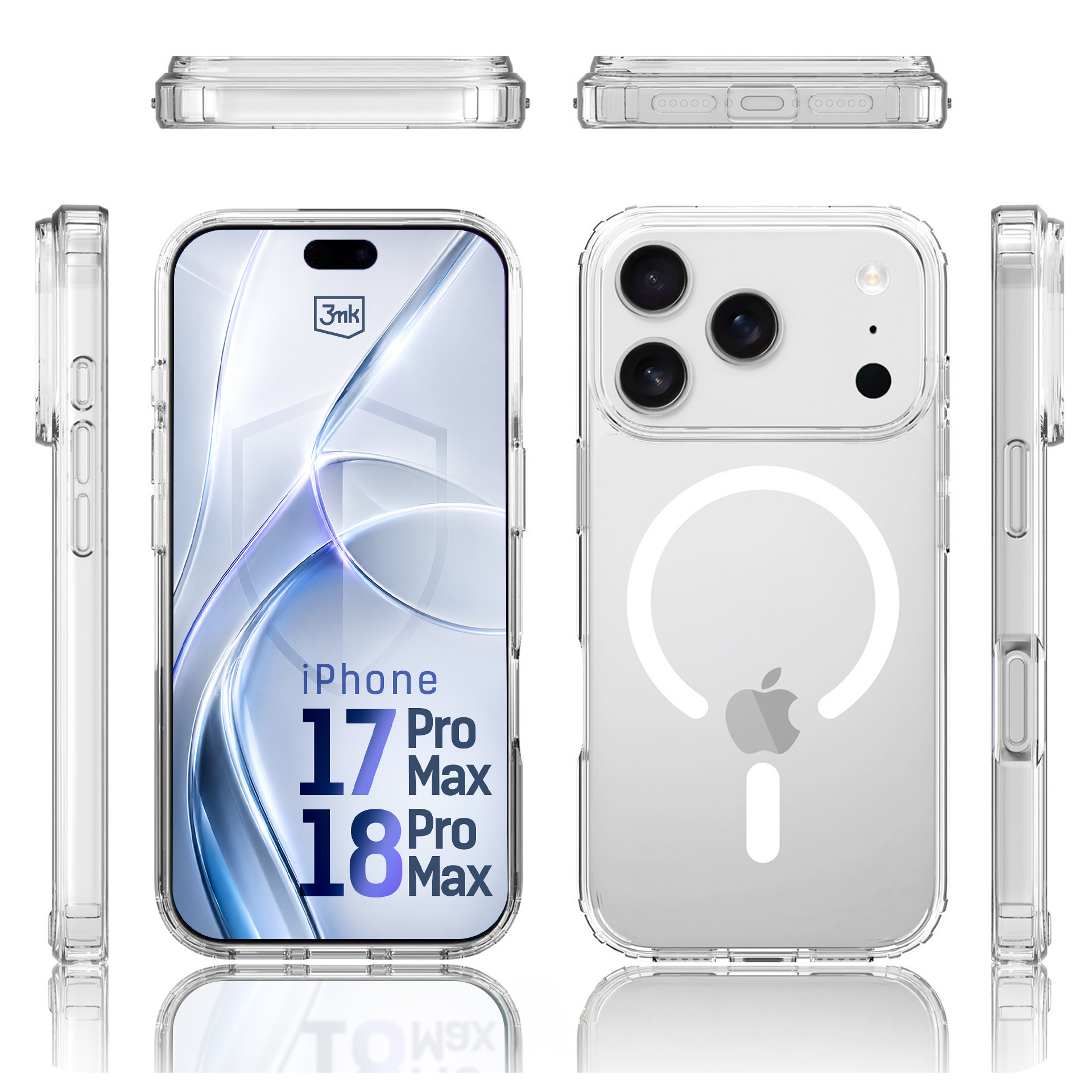 Przezroczyste etui z wielu kątów z napisem iPhone 17 i 18 Pro Max na ekranie.