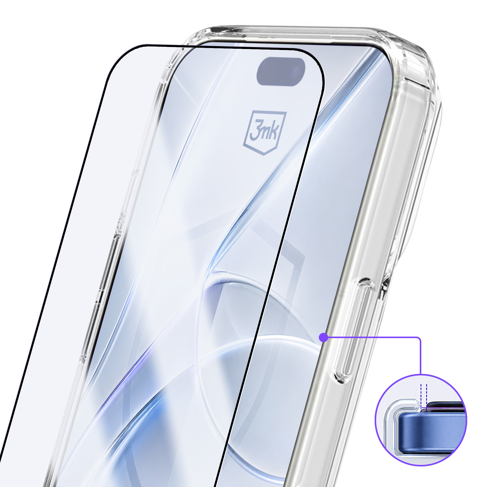 Smartfon w przezroczystym etui z folią ochronną i powiększeniem krawędzi.