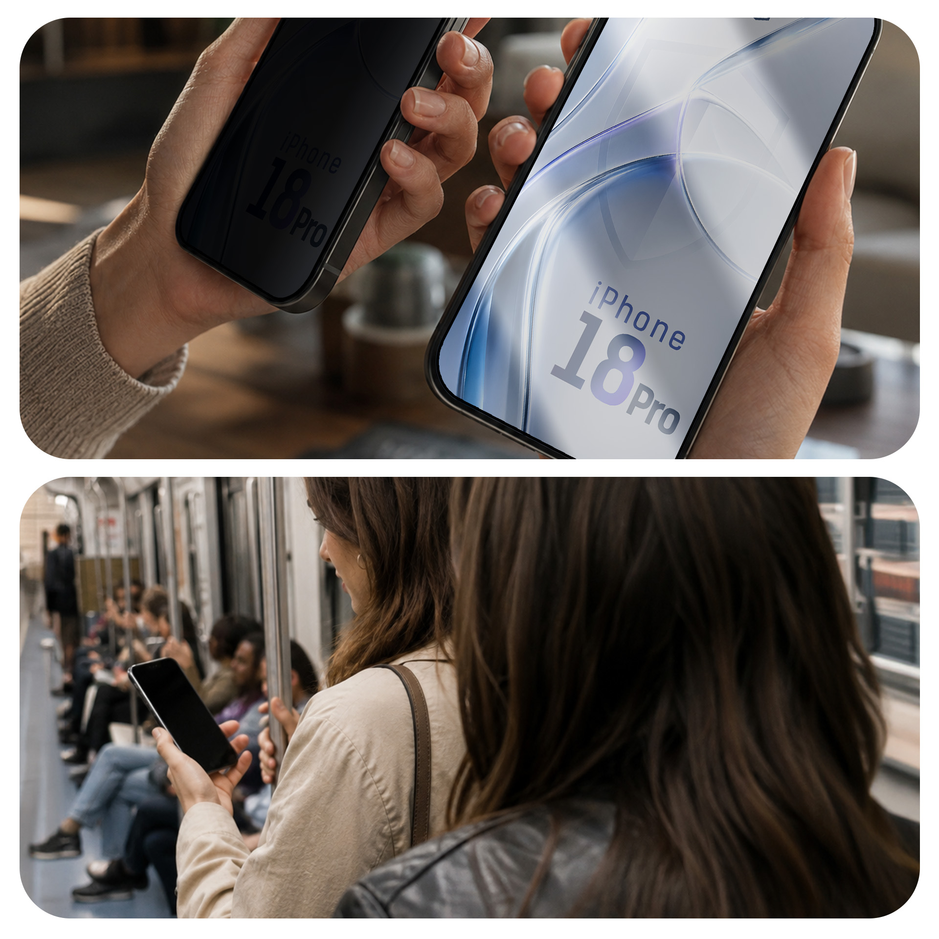 Dwie dłonie trzymają smartfony z napisem iPhone 18 Pro, a na dole kobieta korzysta z telefonu w wagonie metra.