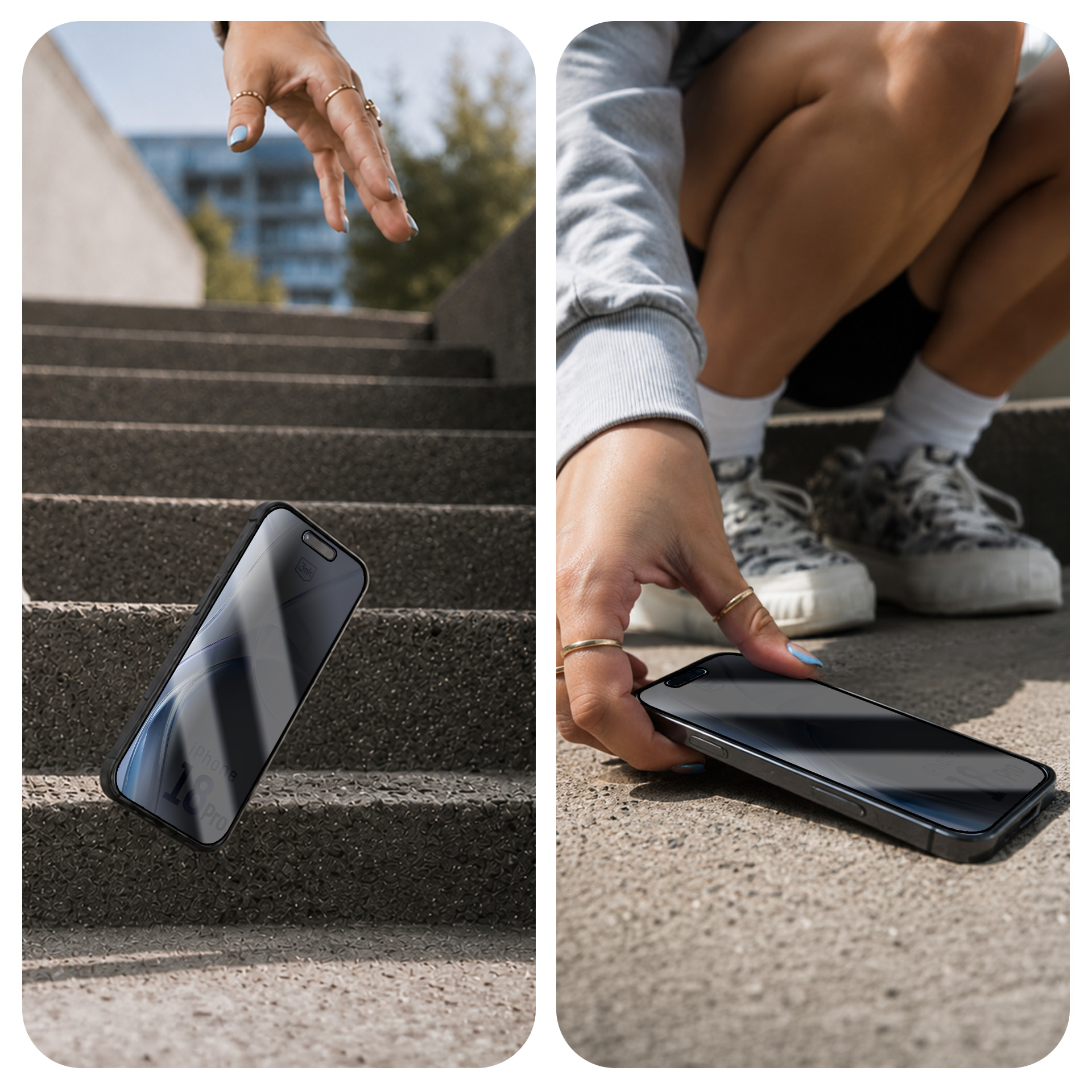 Smartfon spada po betonowych schodach, a na drugim zdjęciu ktoś go podnosi.