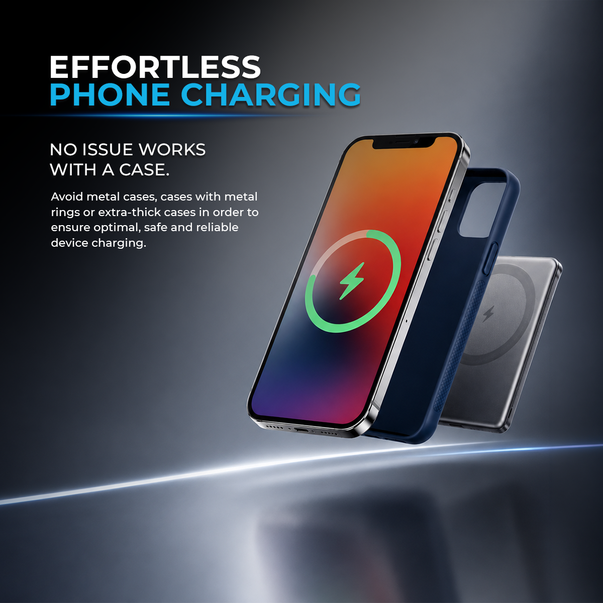 Smartphone con animazione di ricarica, custodia blu e power bank su sfondo scuro.