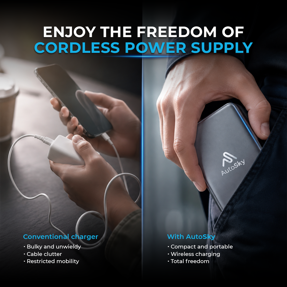 Confronto tra un caricabatterie con filo e il power bank wireless AutoSky.