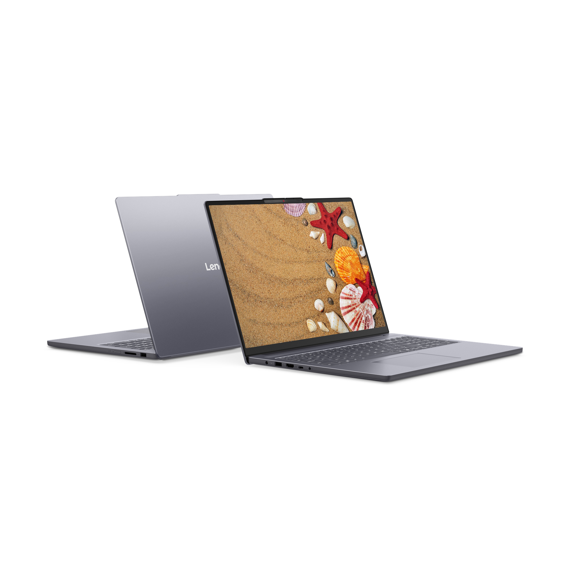 Beyaz arka planda iki gri Lenovo dizüstü bilgisayar; biri kabuklu ekranı, diğeri logolu arkasını gösteriyor.