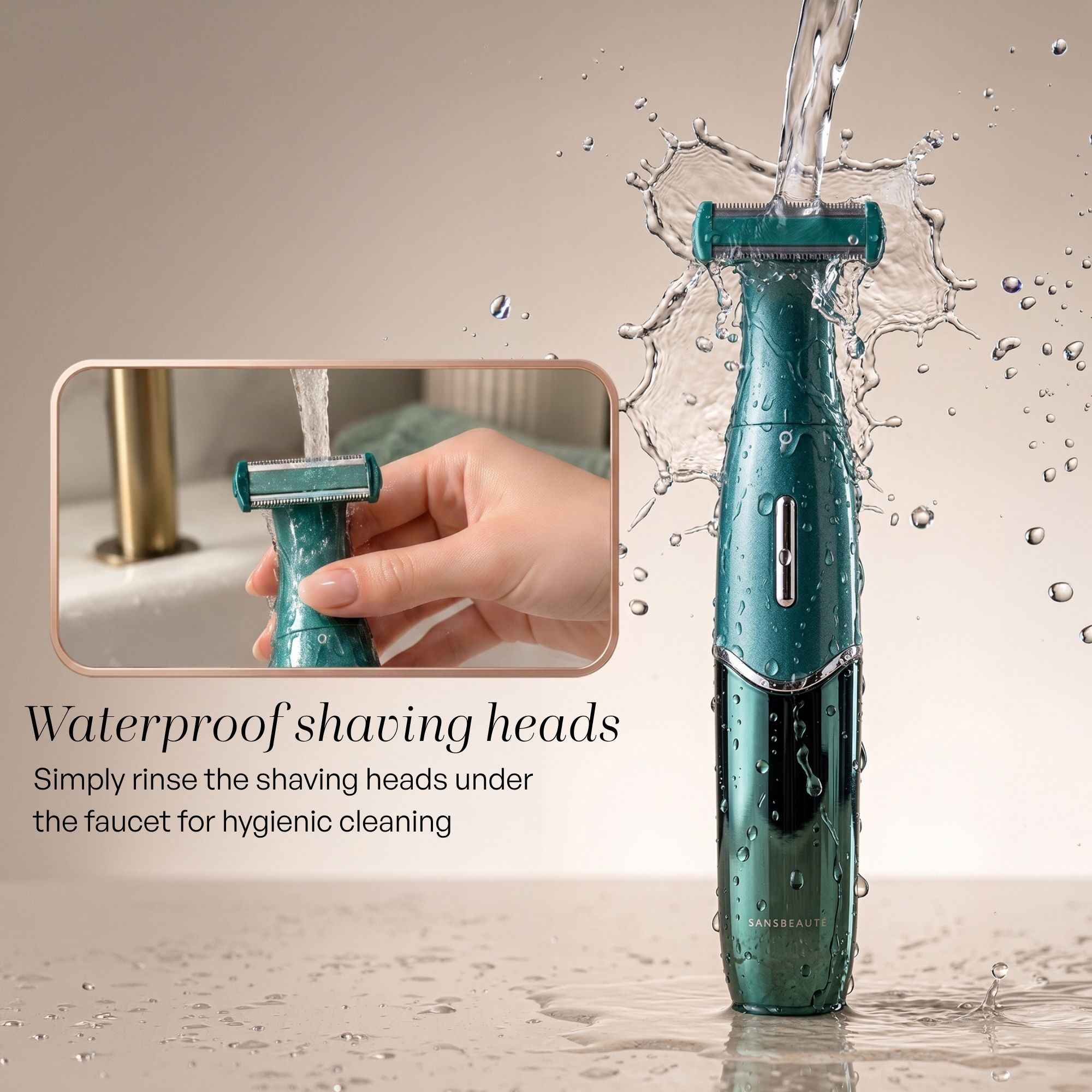 Un rasoir turquoise avec des éclaboussures d'eau et un encadré montrant son rinçage sous un robinet.