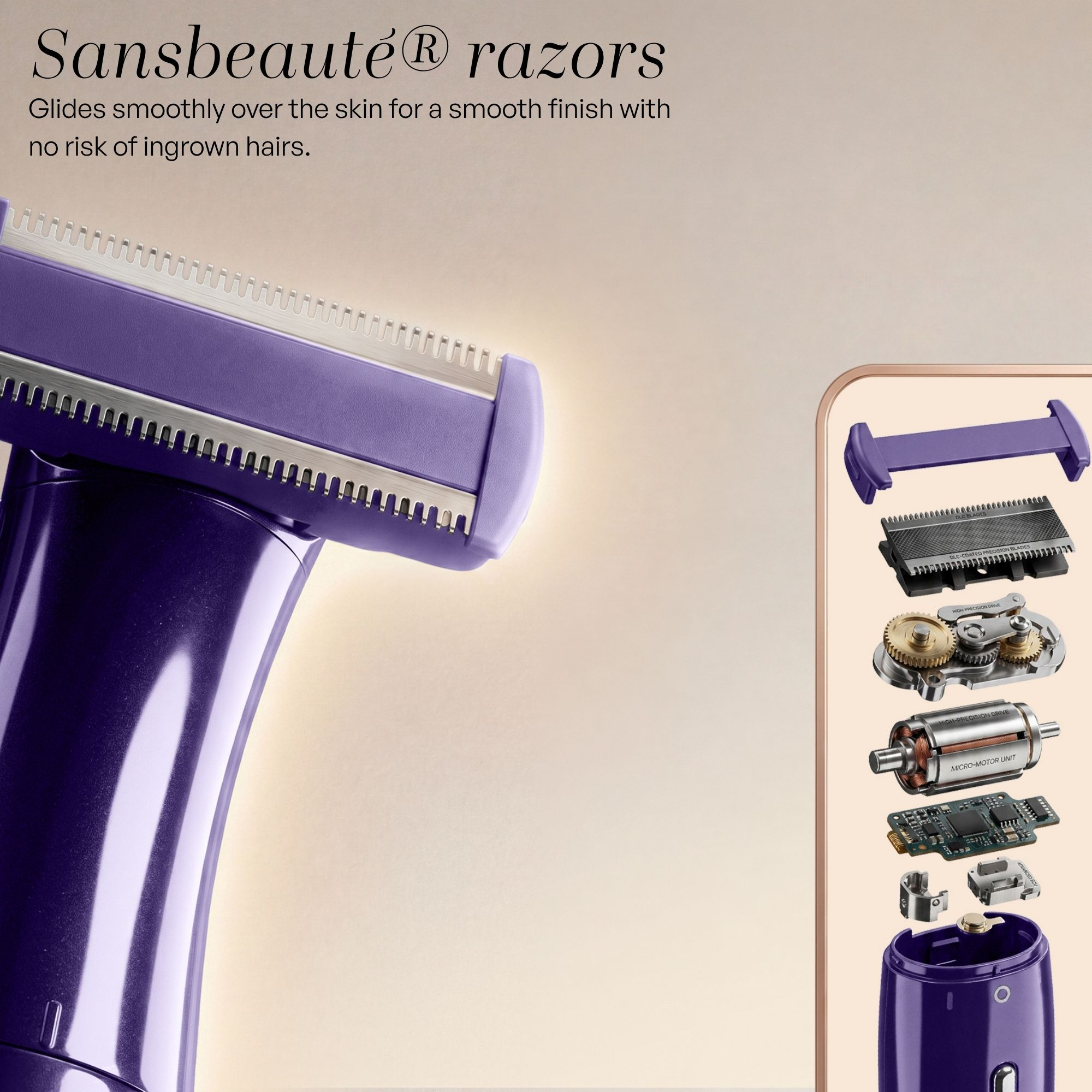Paarse Sansbeauté scheermes in focus, naast een opengewerkte weergave van de interne onderdelen.